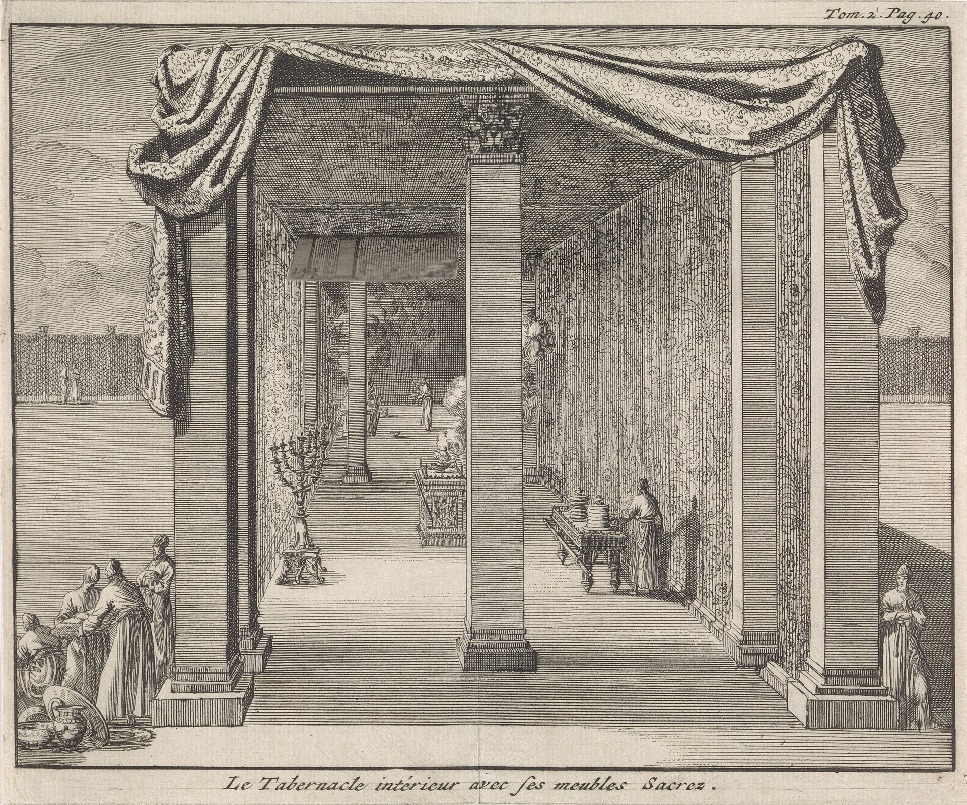 An etching of the tabernacle with its curtain drawn back to show the holy place: the seven-branched candlestick, the table of shewbread and the altar of incense, with priests at work