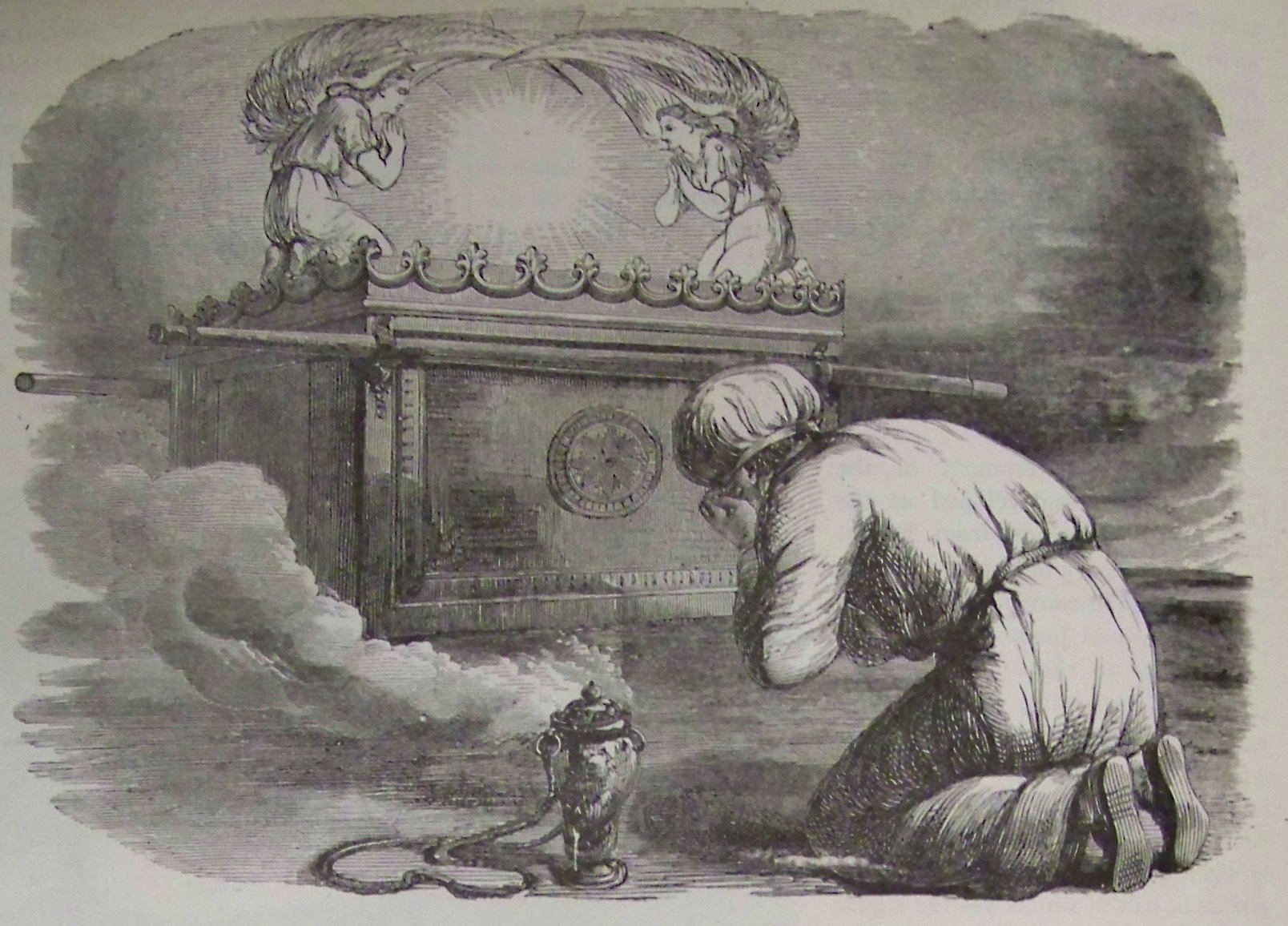 Without Shedding Of Blood Is No Remission 1 The high priest kneeling in a cloud of incense before the ark of the covenant, with two golden cherubim above the mercy seat and a glory of light between them