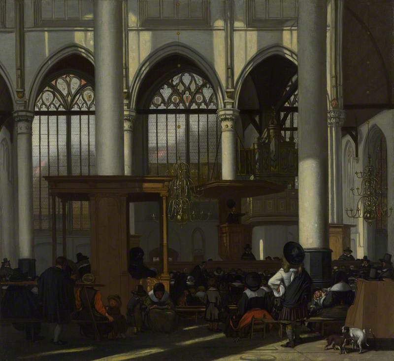 A New And Living Way 1 A congregation gathered on benches in the sunlit nave of a great Gothic church, listening to a preacher in the pulpit, while children and a dog wander among the pillars