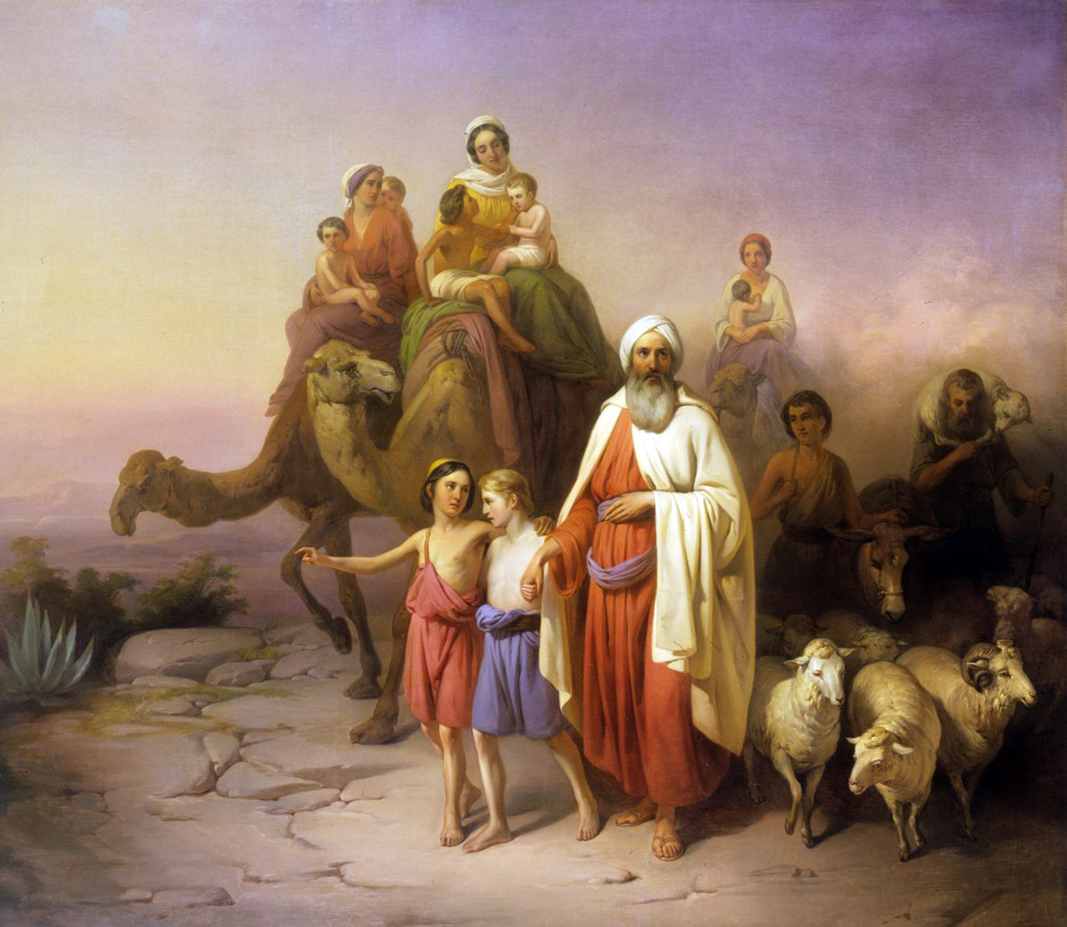 Abraham, white-bearded in a red robe, walking at the head of his household, with women and children riding camels behind him and sheep at his side