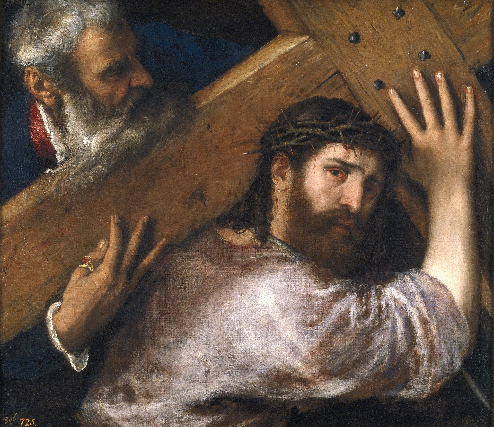 Looking Unto Jesus 1 Christ, crowned with thorns, bent beneath the heavy wooden cross and looking out at the viewer, while Simon of Cyrene helps to lift it behind him