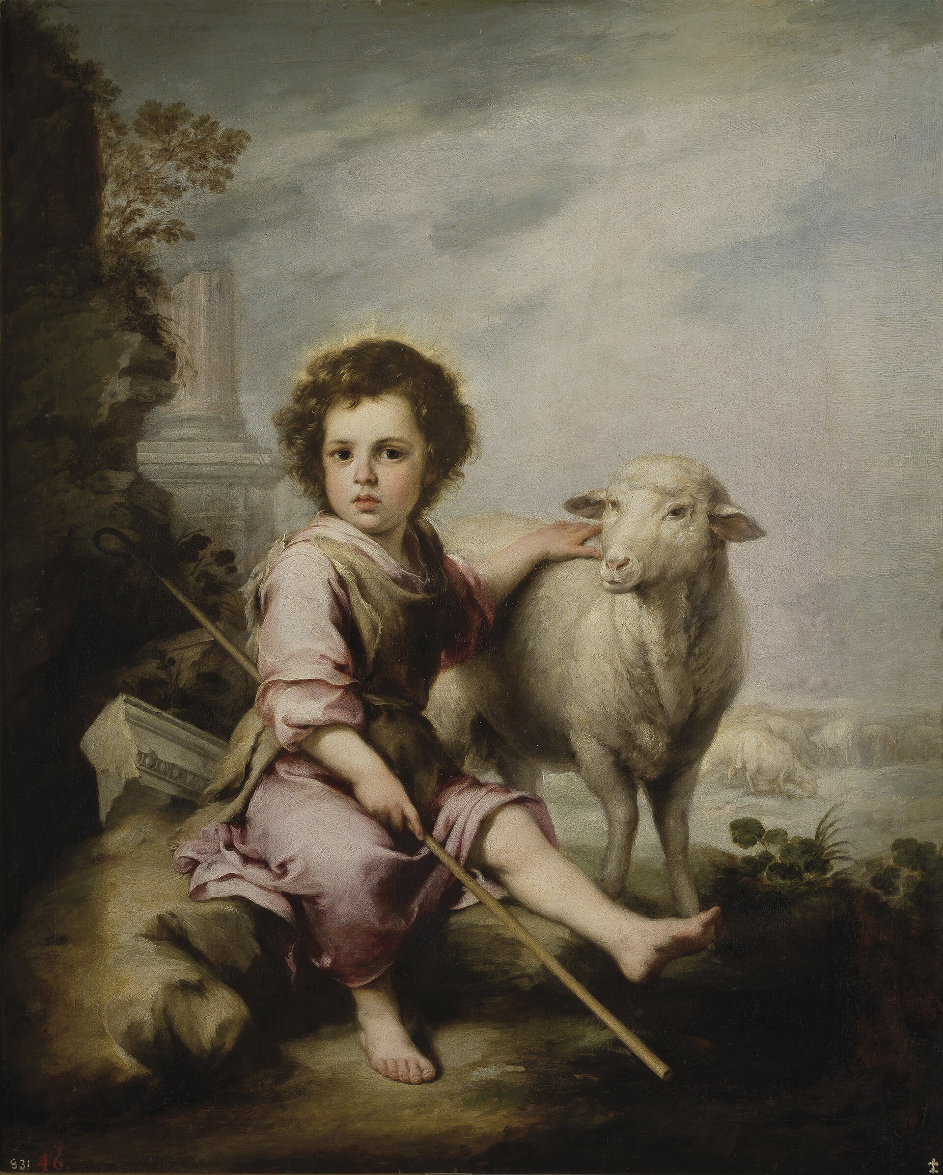 The Christ Child as a young shepherd seated on a rock with a crook, one hand resting on a lamb beside him, a ruined column behind and his flock in the distance