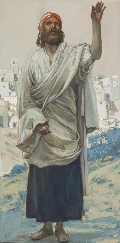 The prophet Hosea, standing with one arm raised, in a gouache painting by James Tissot
