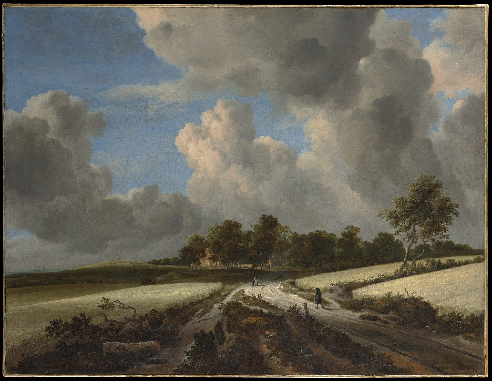 James 2 Ripening wheat fields on either side of a sandy road beneath towering clouds, a few travellers walking toward a distant grove