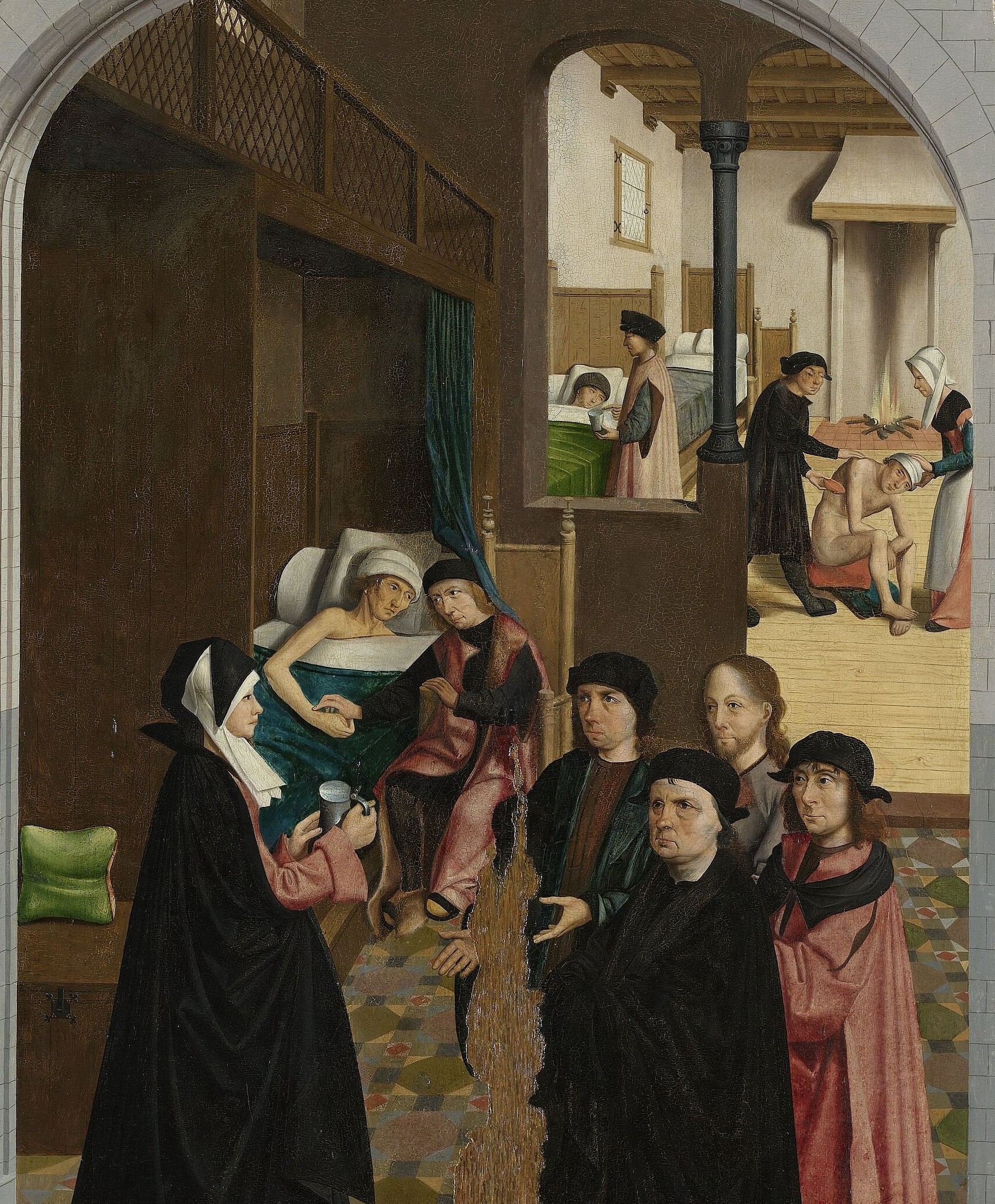 A sick man sitting up in a curtained bed while a woman offers him a cup and a group of townspeople, Christ among them, come to visit; other patients are tended in a room beyond