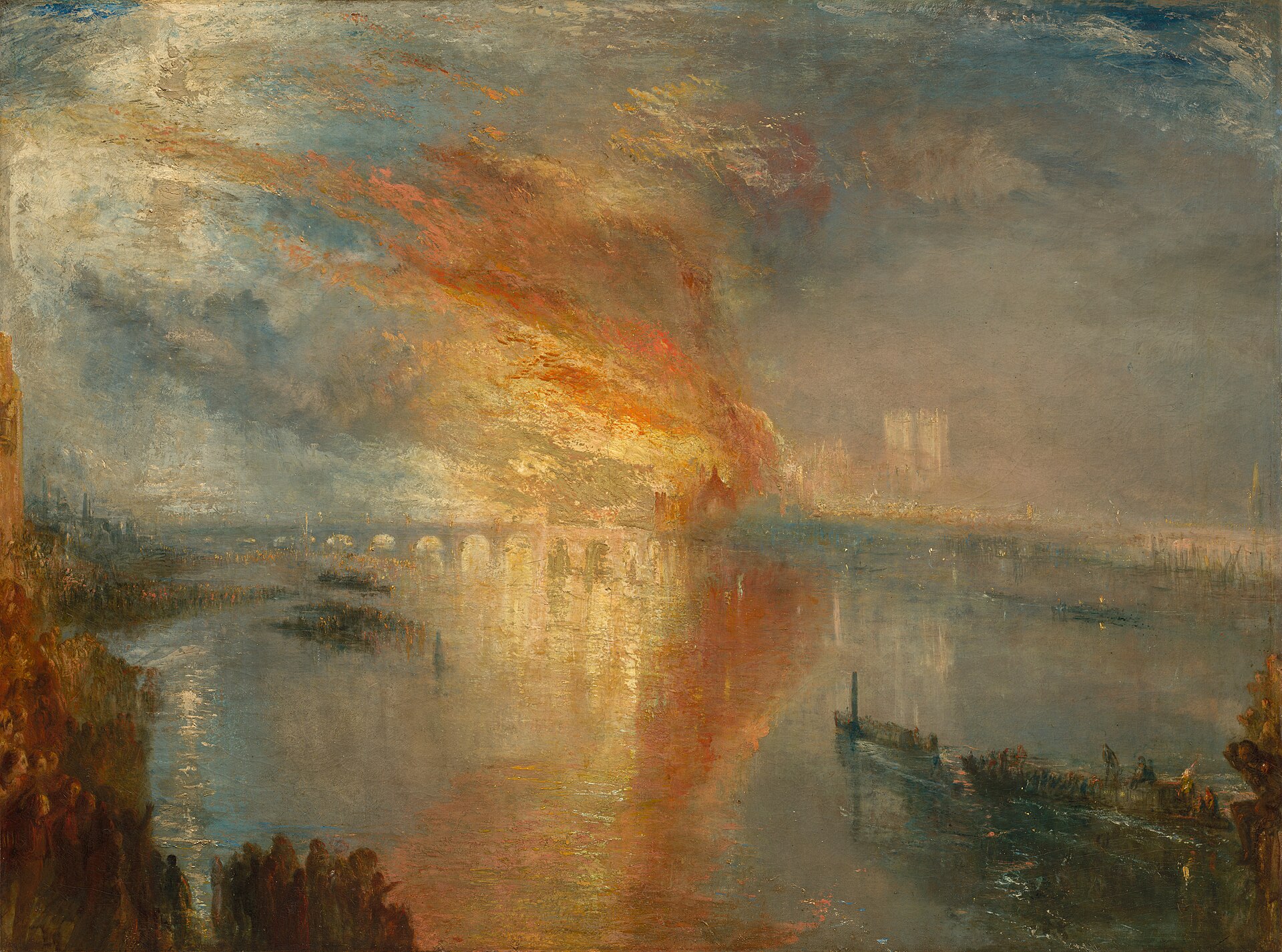 Flames and smoke pour into the night sky over the Thames as the Palace of Westminster burns, its glow reflected in the river and crowds watching from the bank