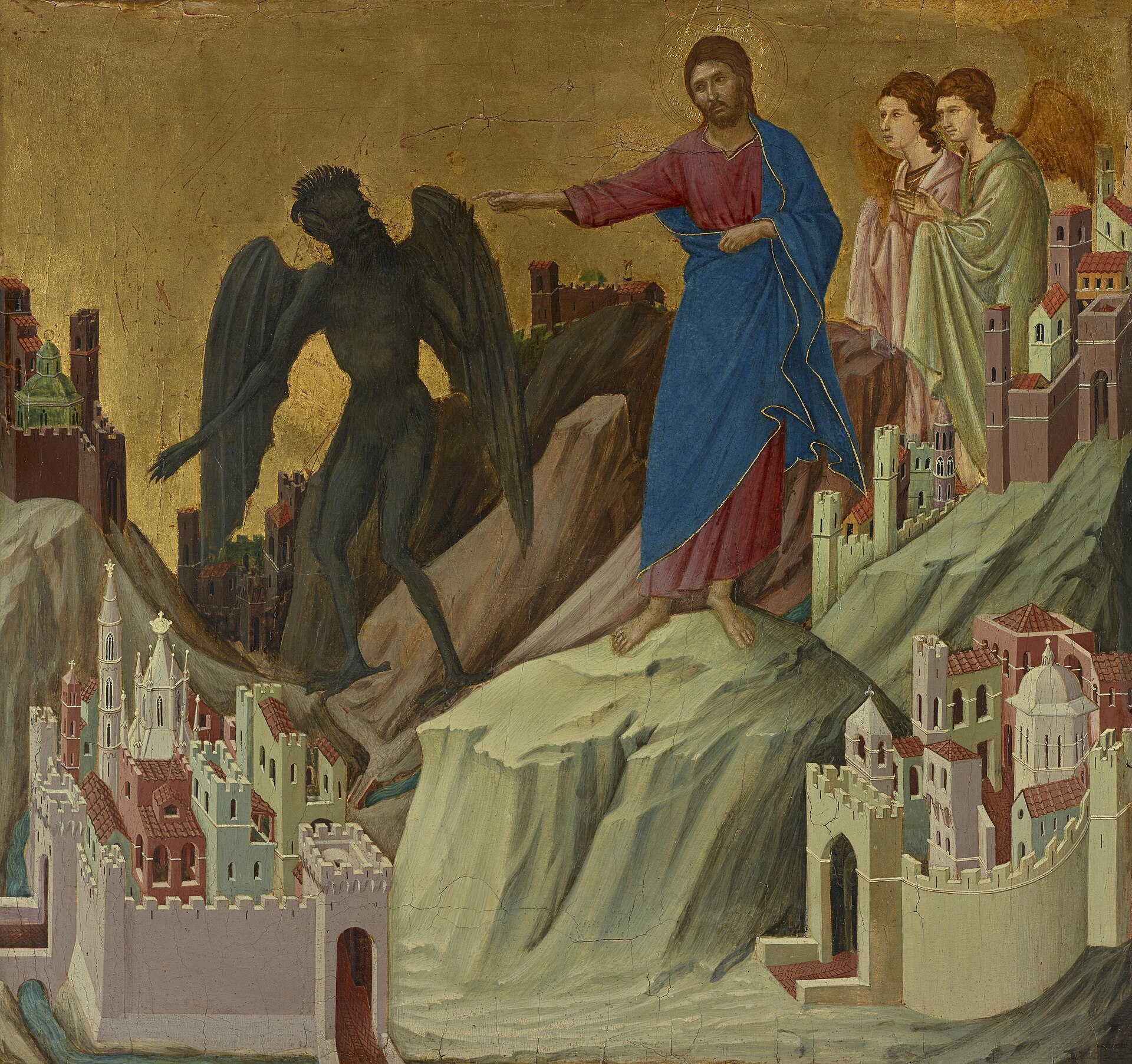 Christ standing on a mountaintop, pointing the dark winged figure of Satan away, while two angels wait behind him and the cities of the world lie spread below