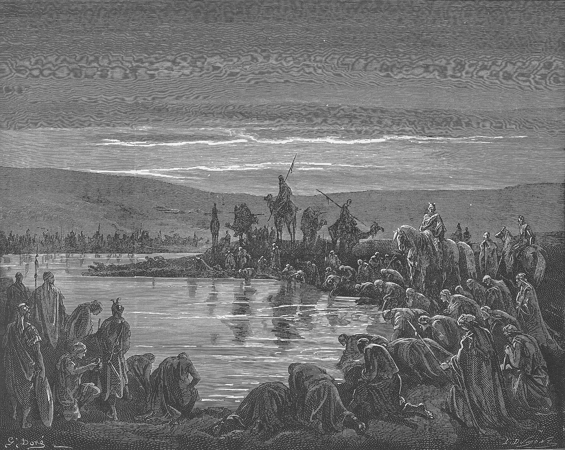 Judges 2 Gideon and his captains on horseback watching a great army spread along a shining stream at dusk, some men kneeling to drink, in a wood-engraving by Gustave Dore