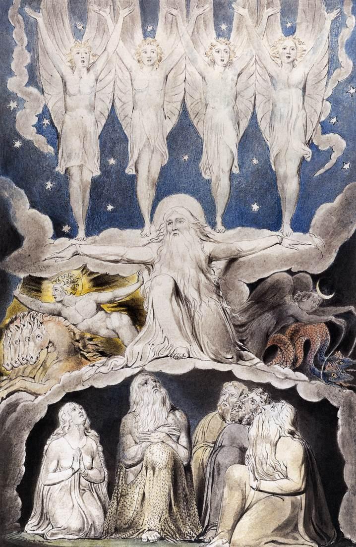 Job 2 God, surrounded by angels with outstretched arms as the morning stars sing together, while Job and his wife kneel below, in a watercolor illustration by William Blake for the Book of Job