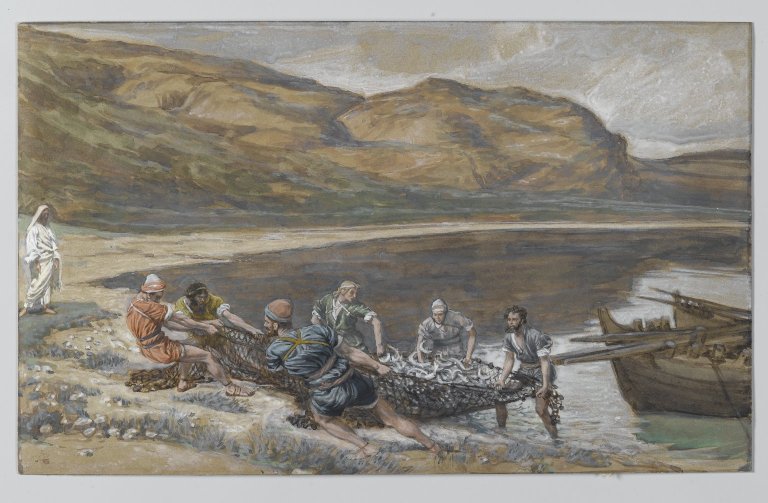 Feed My Sheep 1 James Tissot’s The Second Miraculous Draught of Fishes — the risen Christ on the shore of the Sea of Tiberias as the disciples haul in a net full of fish