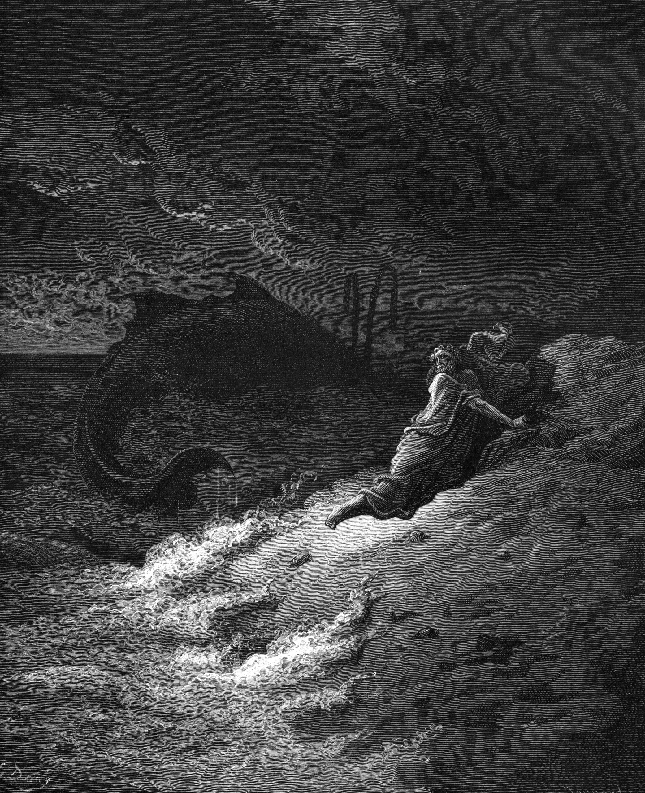 Jonah 2 Jonah cast into the sea and swallowed by a great fish, in a Gustave Dore engraving