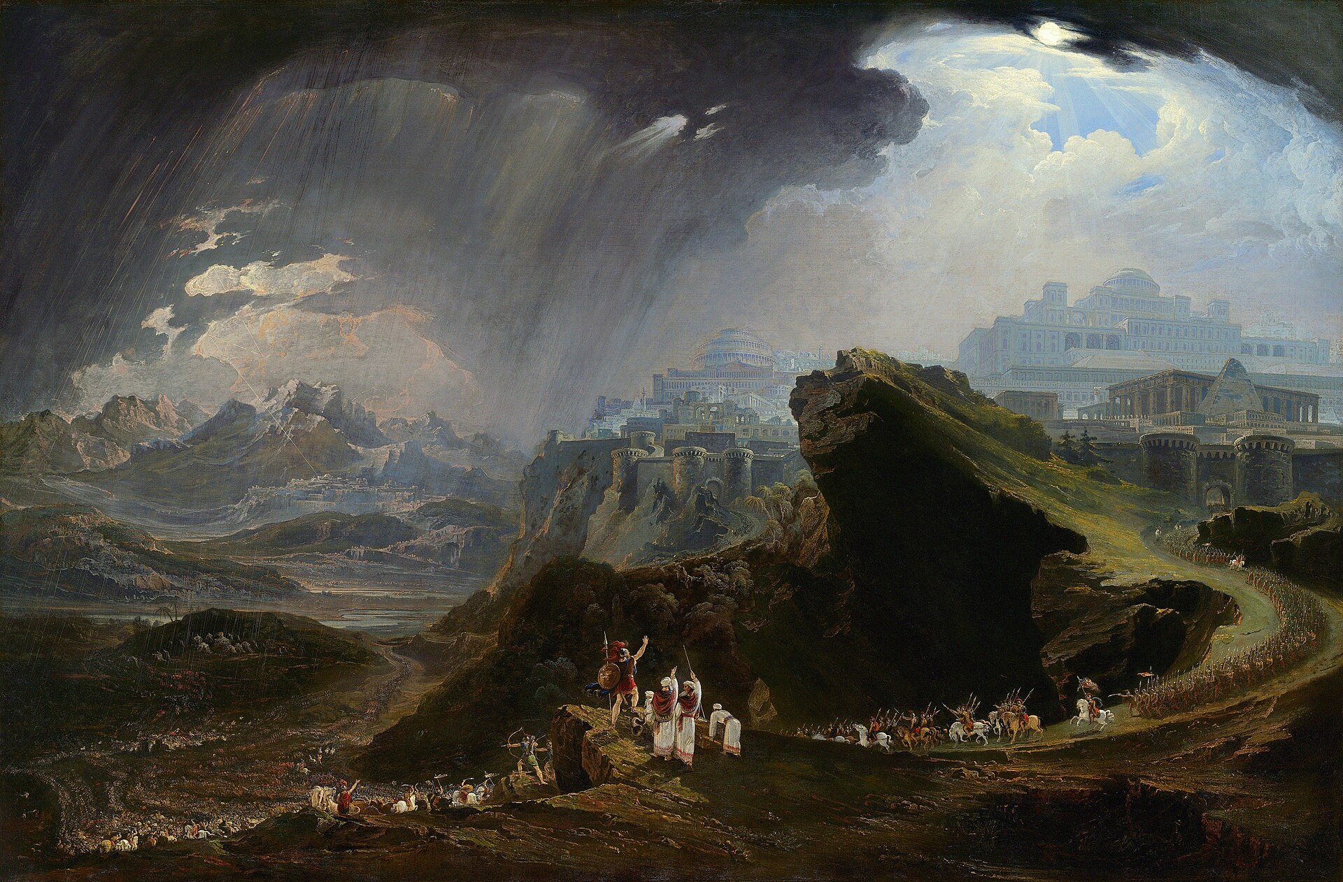 Joshua 2 A vast stormy landscape with the small figure of Joshua on a height, arm raised, commanding the sun to stand still over the valley of Gibeon, in an 1816 painting by John Martin