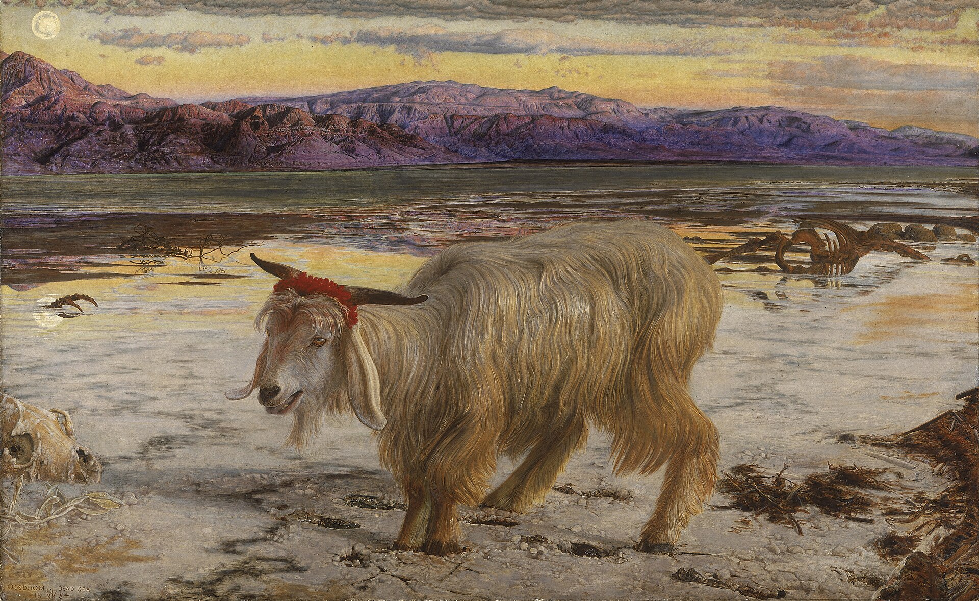 A goat with scarlet wool bound to its horns stands on the white salt shore of the Dead Sea at sunset, in William Holman Hunt's painting The Scapegoat
