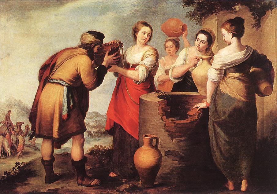 At a village well, Rebekah in a red skirt holds up her water jar so Abraham's servant Eliezer can drink, while other young women with jugs look on and his camels wait in the distance