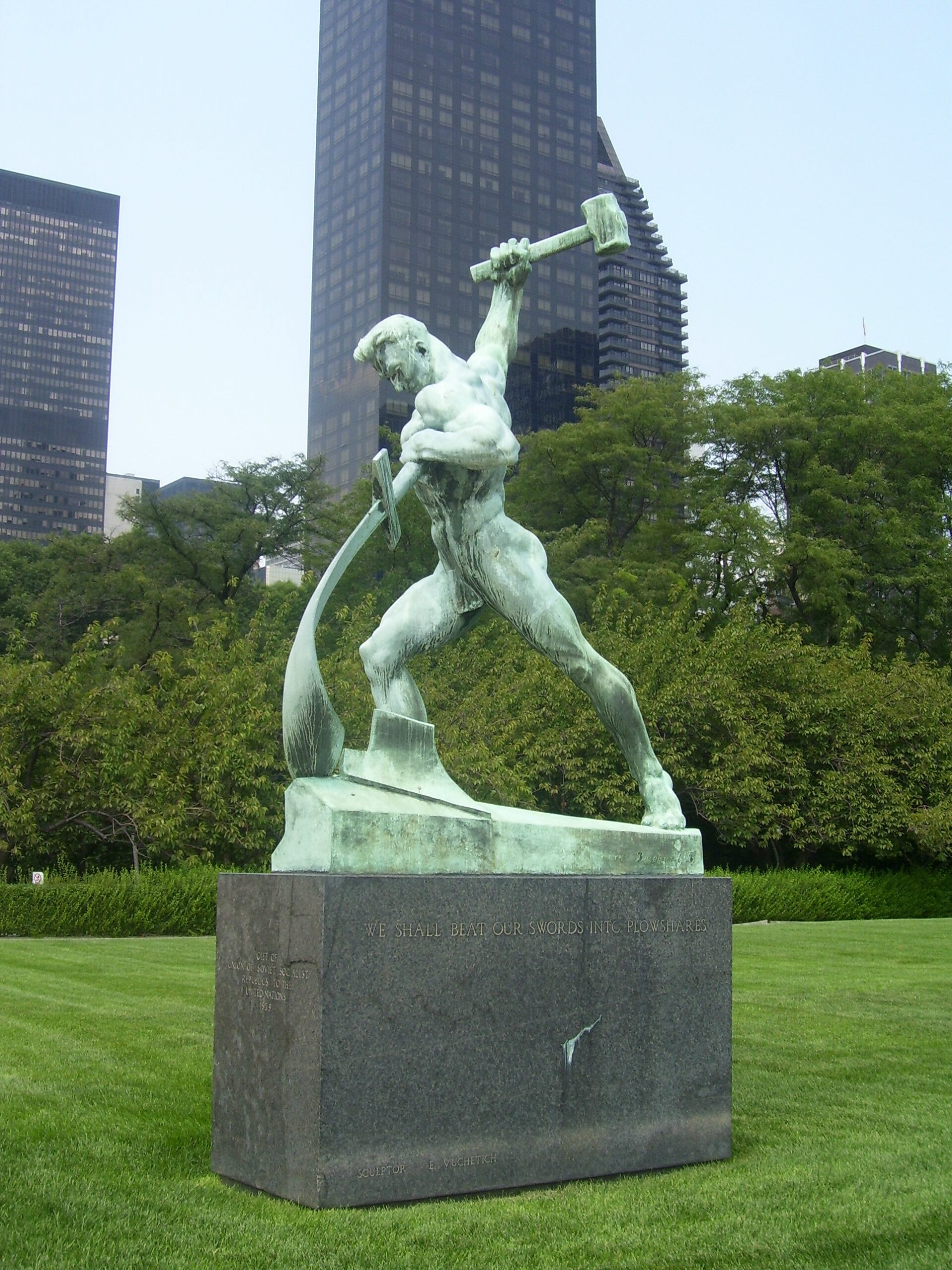 The United Nations "Let Us Beat Swords into Plowshares" statue, a modern sculpture illustrating Micah 4:3