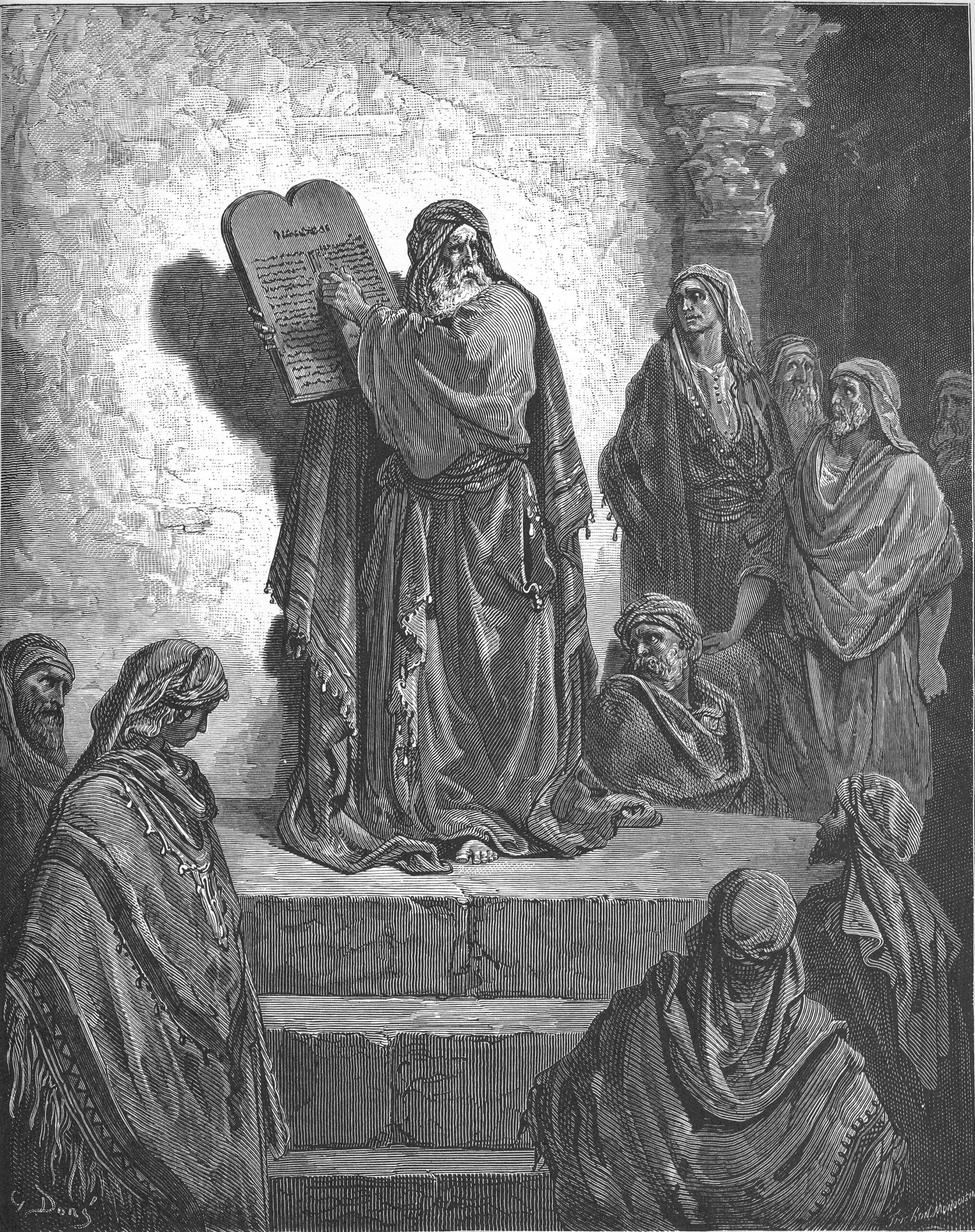 Nehemiah 2 Ezra standing on a wooden pulpit reading from a scroll to a crowd of men, women, and children gathered below in a Gustave Dore engraving of the reading of the law