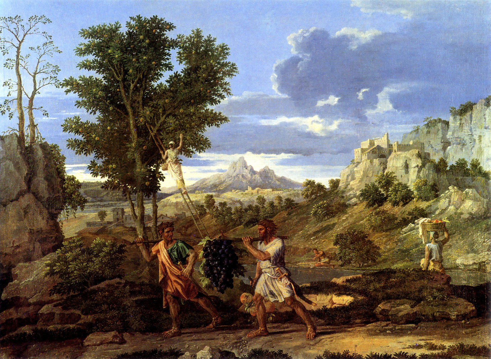 Two of the spies of Israel carrying the great cluster of grapes from the valley of Eshcol slung on a pole between them, in Nicolas Poussin's painting Autumn