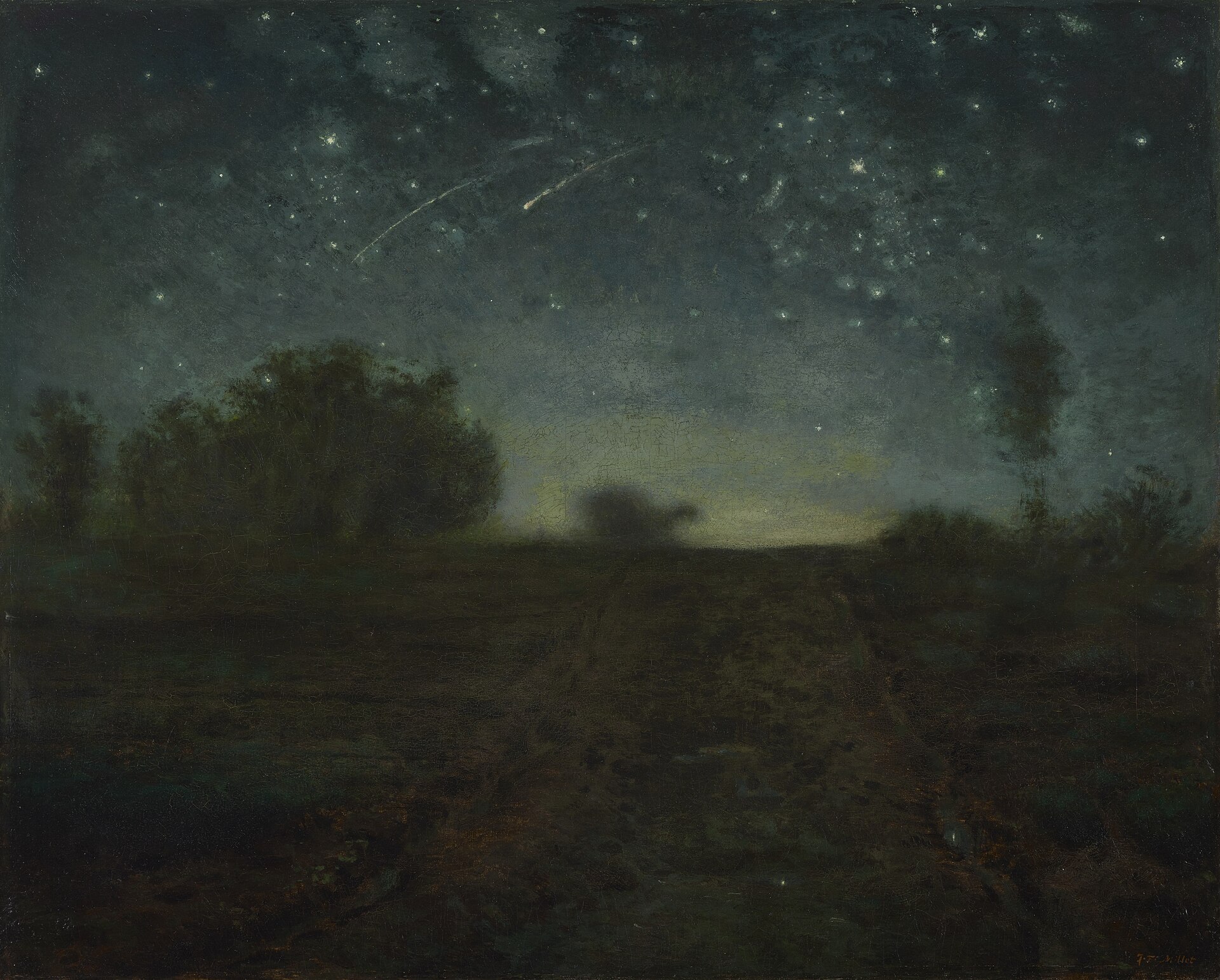 Millet's painting of a dark country path under a night sky full of stars and two shooting stars
