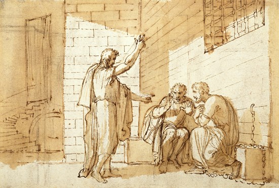 A Brother Beloved 1 A pen-and-wash drawing of Paul standing in a barred prison cell, one hand raised toward heaven, speaking to two men seated beside a chain on the wall