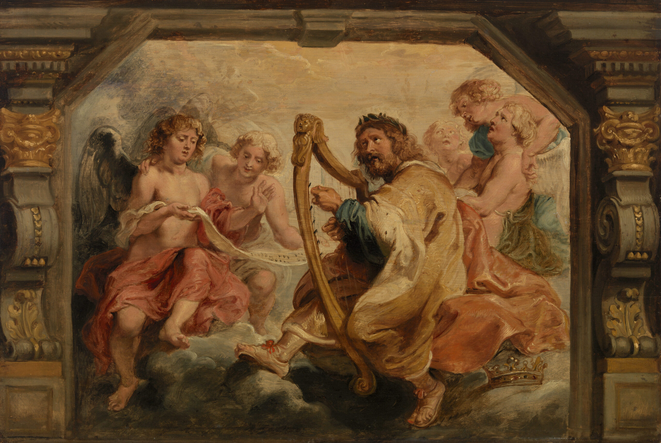 King David alone, playing a harp, in a painting by Peter Paul Rubens