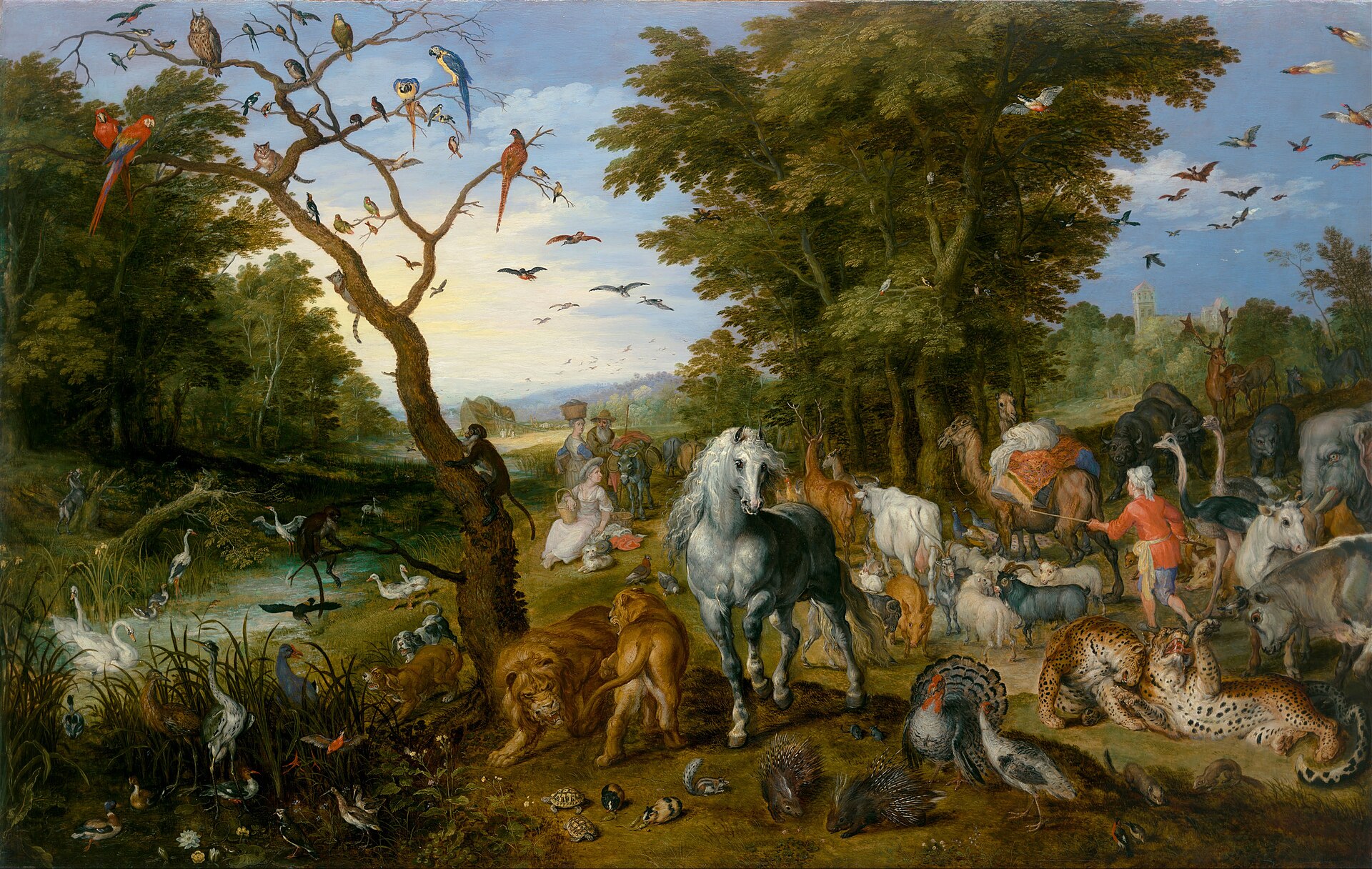 A lush forest crowded with animals of every kind, horses, lions, camels, elephants, birds and more, moving in pairs toward the distant ark, while Noah's family loads their belongings