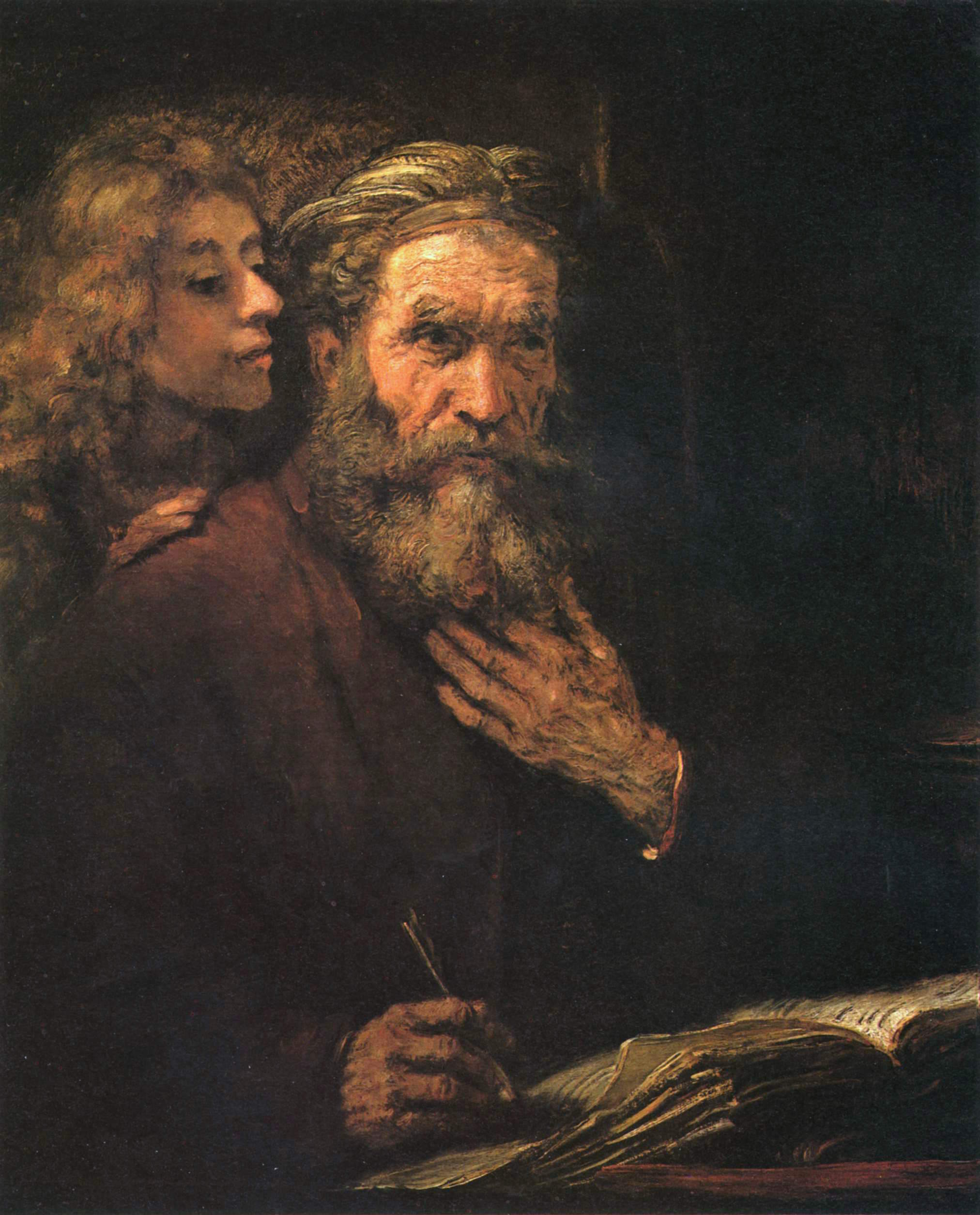 Rembrandt painting of the evangelist Matthew writing while an angel whispers in his ear