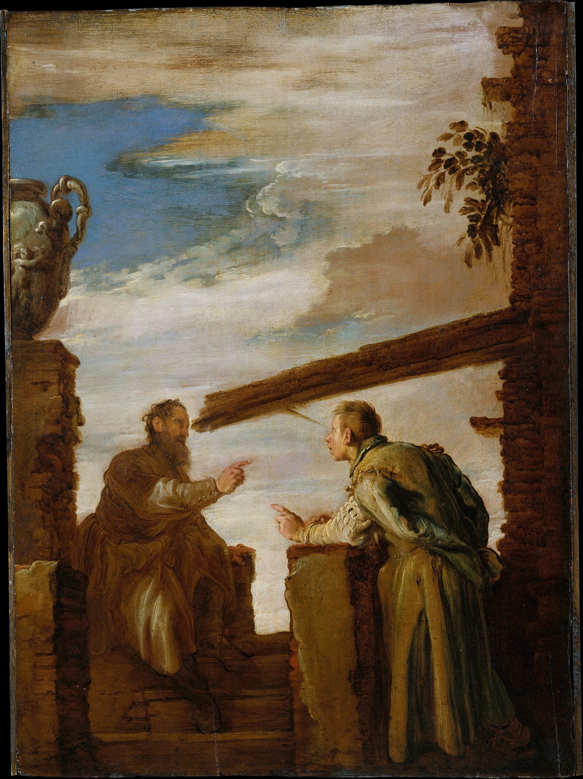 Domenico Fetti's painting of the parable of the mote and the beam, a man pointing out a speck in another's eye while ignoring the plank in his own