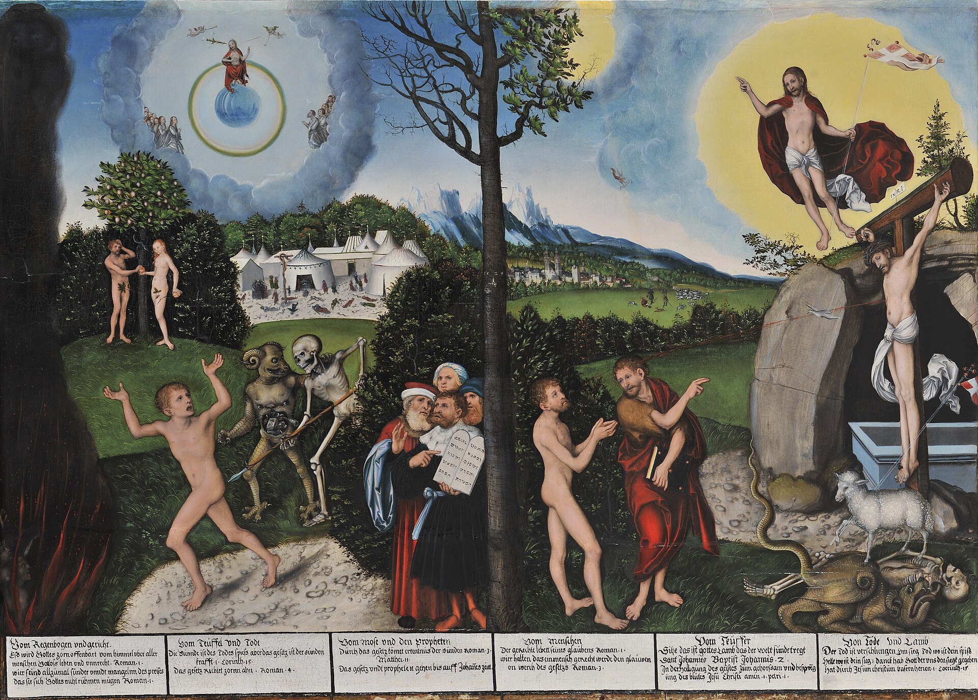 Justified Freely By His Grace 1 Lucas Cranach the Elder's allegorical painting Law and Gospel, contrasting condemnation under the law with salvation through grace