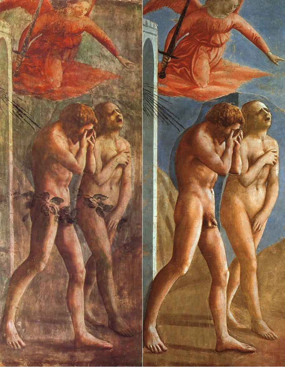 Masaccio's restored fresco of the Expulsion of Adam and Eve from the Garden of Eden, Brancacci Chapel