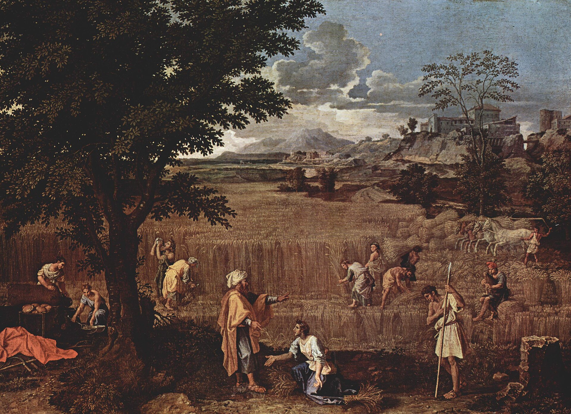 Ruth 2 A golden harvest field with reapers binding sheaves, Boaz in a yellow cloak gesturing toward Ruth, who kneels before him, in a landscape painting by Nicolas Poussin