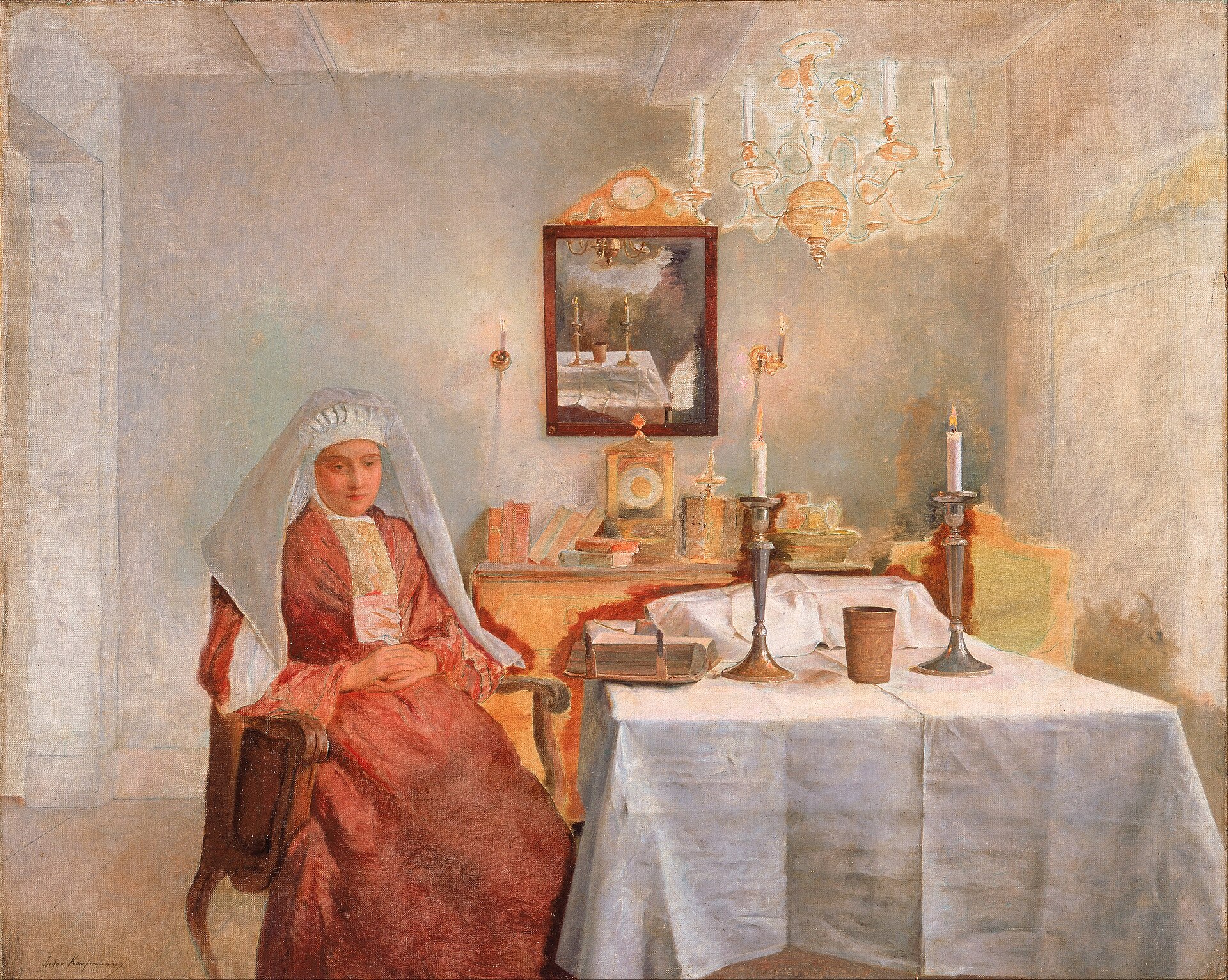 The Bible Sabbath: From Eden To The New Earth 3 A woman in a white headscarf and red dress sits quietly with folded hands beside a table spread with a white cloth, two lit candlesticks and a cup, as the Sabbath begins at sunset