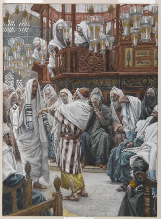 The Bible Sabbath: From Eden To The New Earth 2 In a crowded synagogue, Jesus in a white robe stands before a man who stretches out his withered arm, while robed elders watch from the benches and the balcony