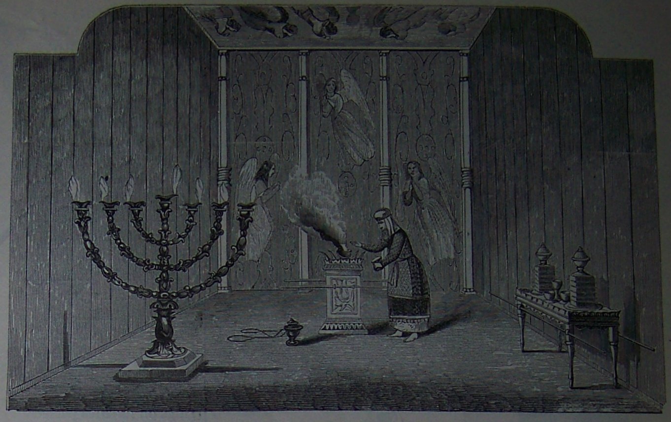 The Sanctuary And 1844: Jesus, Our High Priest 1 An engraving of the holy place of the tabernacle: the high priest offers incense at the golden altar before the veil embroidered with cherubim, with the seven-branched candlestick on the left and the table of shewbread on the right