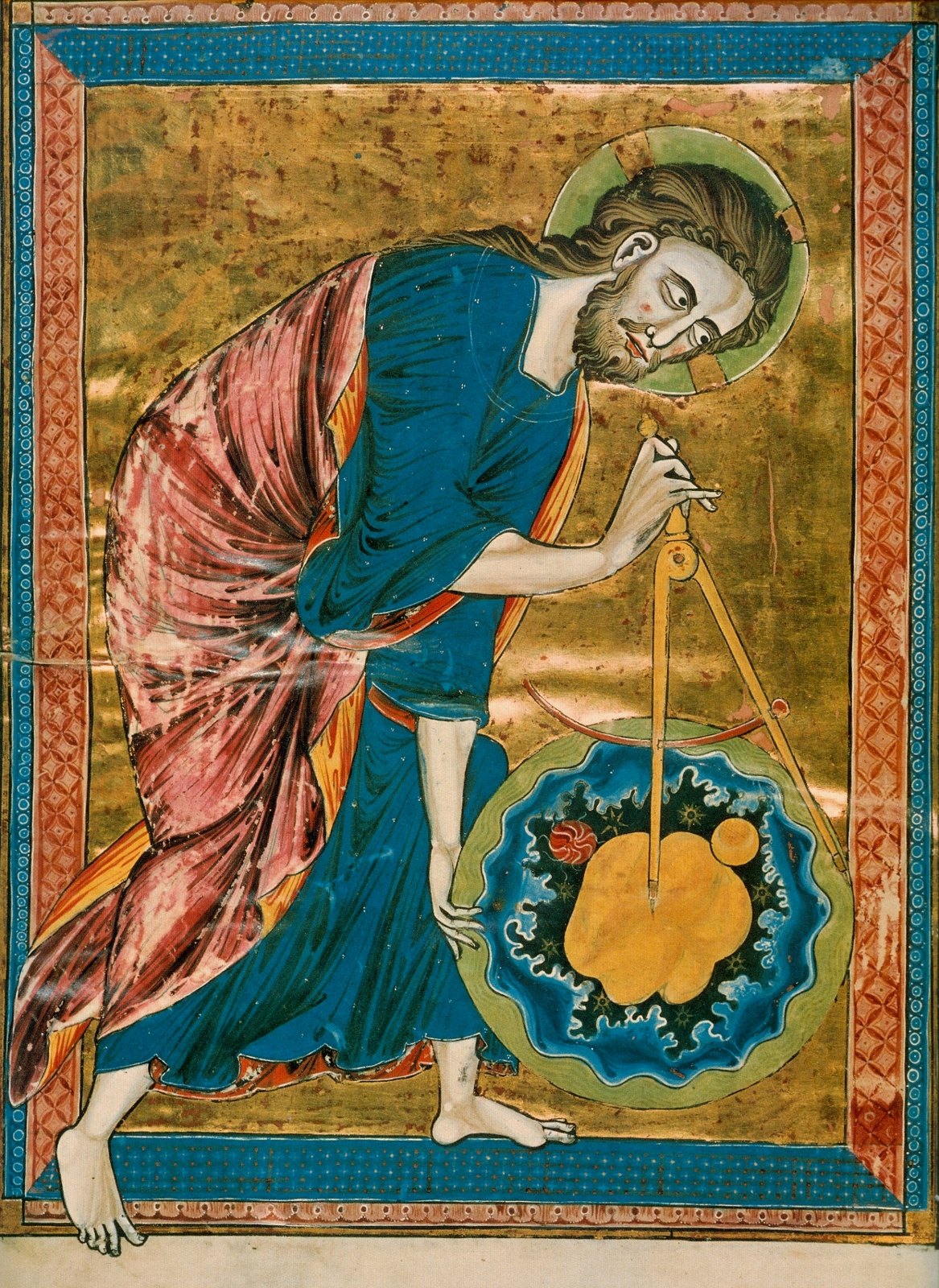 A medieval manuscript painting of the Creator in a blue robe and rose mantle, bending over a round, unformed world and measuring it with a large golden compass