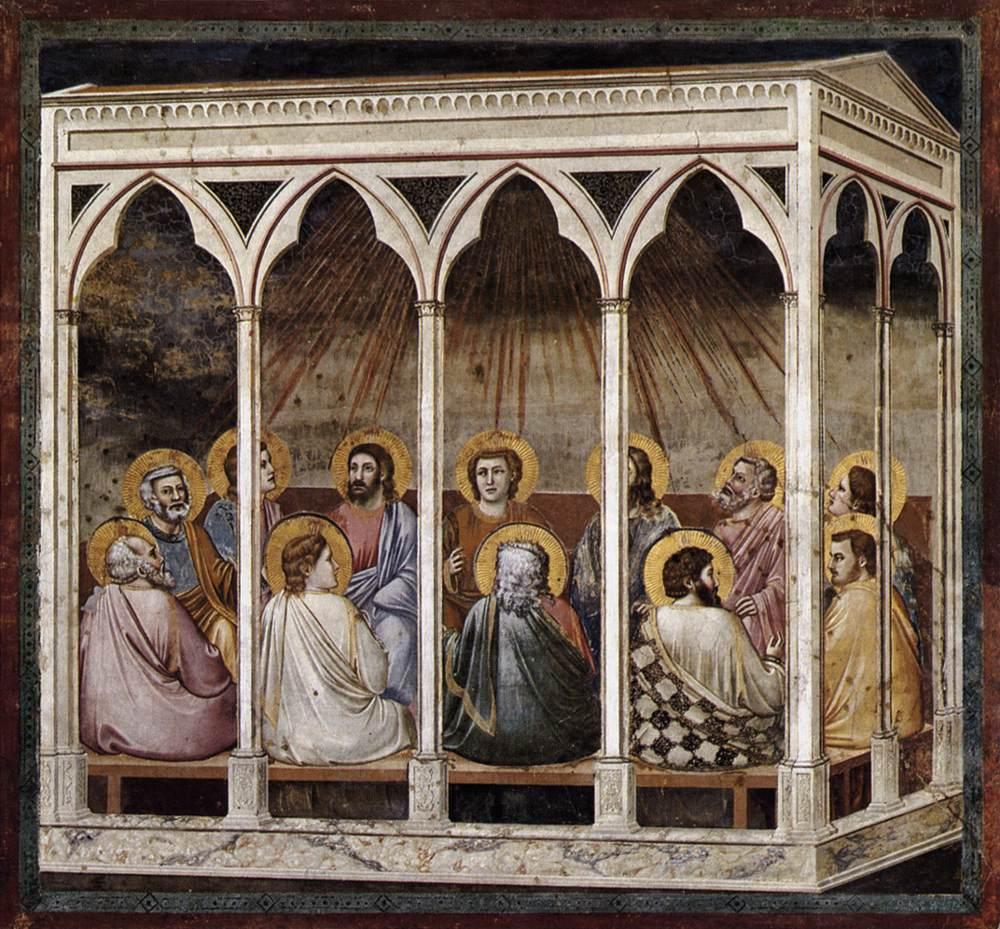 The Holy Spirit: Who He Is And What He Does 2 The twelve apostles, with golden halos, sit together on benches inside an open arcaded room while rays of light stream down upon them from above