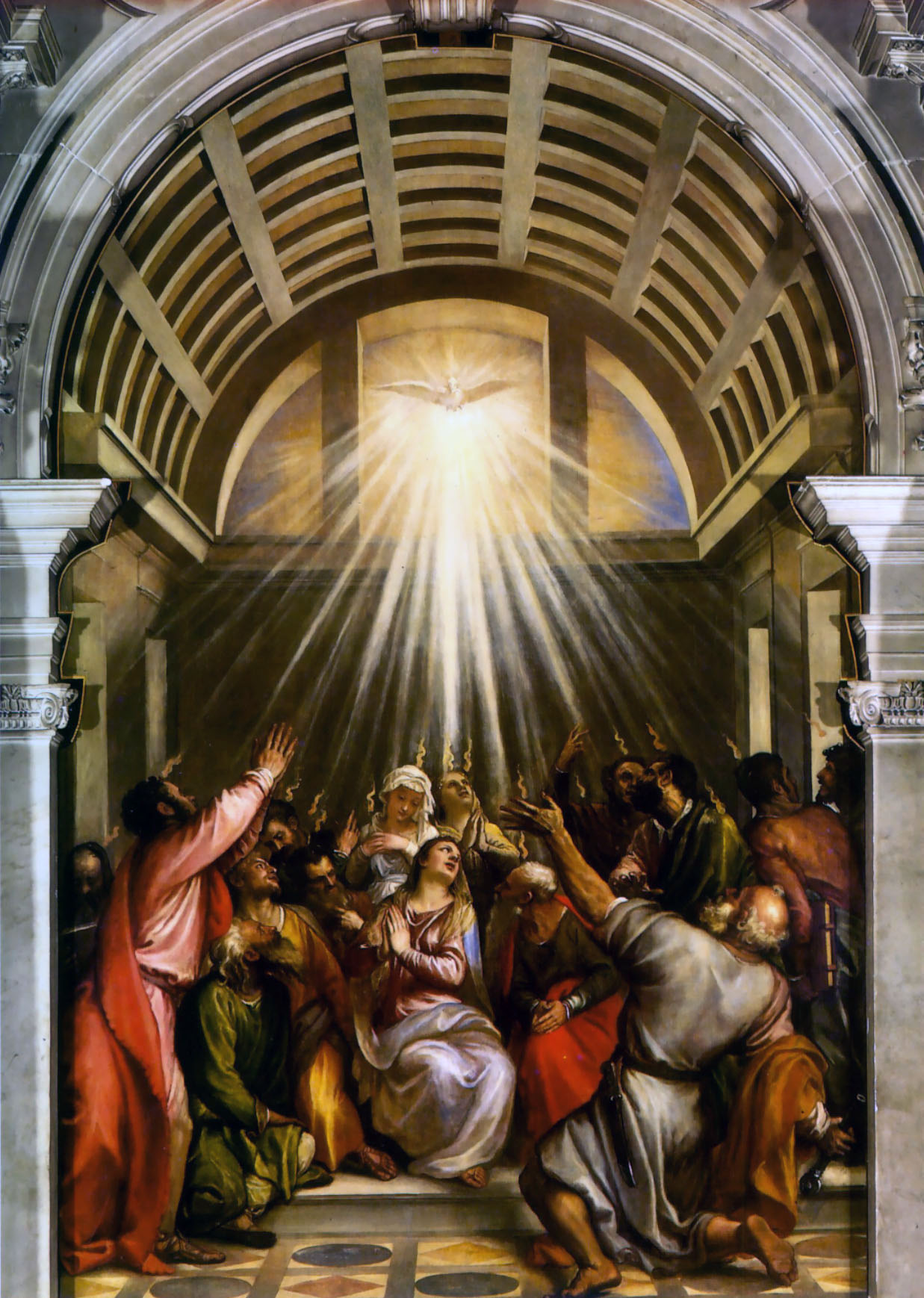 The Holy Spirit: Who He Is And What He Does 1 Beneath a coffered arch, a white dove blazes with rays of light over the gathered disciples and women, small tongues of fire resting on each head as they look up, pray and reach toward heaven