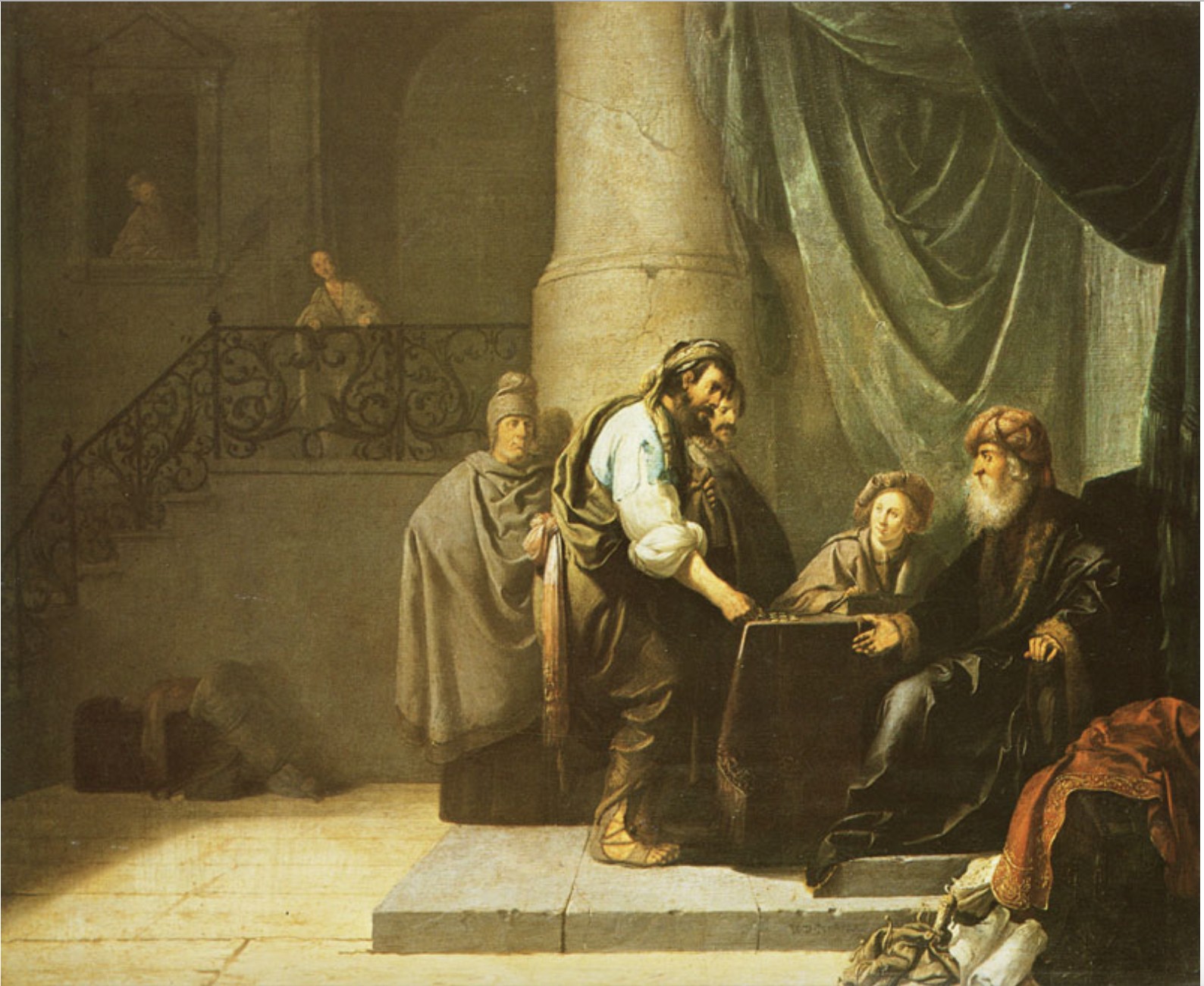 Tithe And Stewardship: Back To Adam’s First Job 2 In a columned hall, a servant leans over a table to count out coins before his seated master, an old man in a fur-trimmed robe and turban, while others wait and watch
