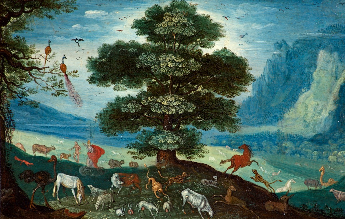 Tithe And Stewardship: Back To Adam’s First Job 1 A broad paradise landscape with a great tree, mountains and a river, where horses, sheep, ostriches, lions, deer and birds gather at peace, and in the distance the Creator in a red robe stands with Adam as he names them