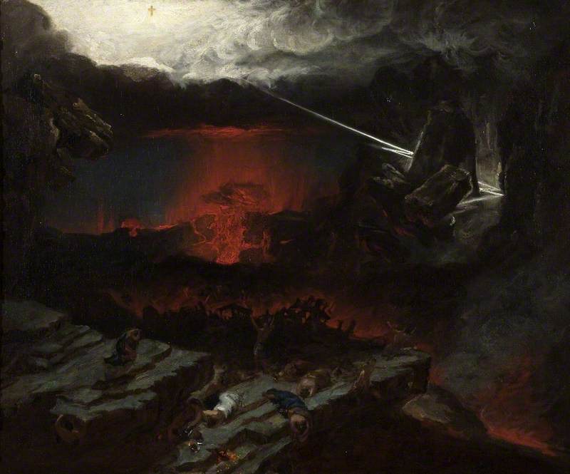 Francis Danby's Opening of the Sixth Seal, the earth convulsed under a darkened sky -- "the earth is utterly broken down... the earth shall reel to and fro like a drunkard" (Isaiah 24:19-20)