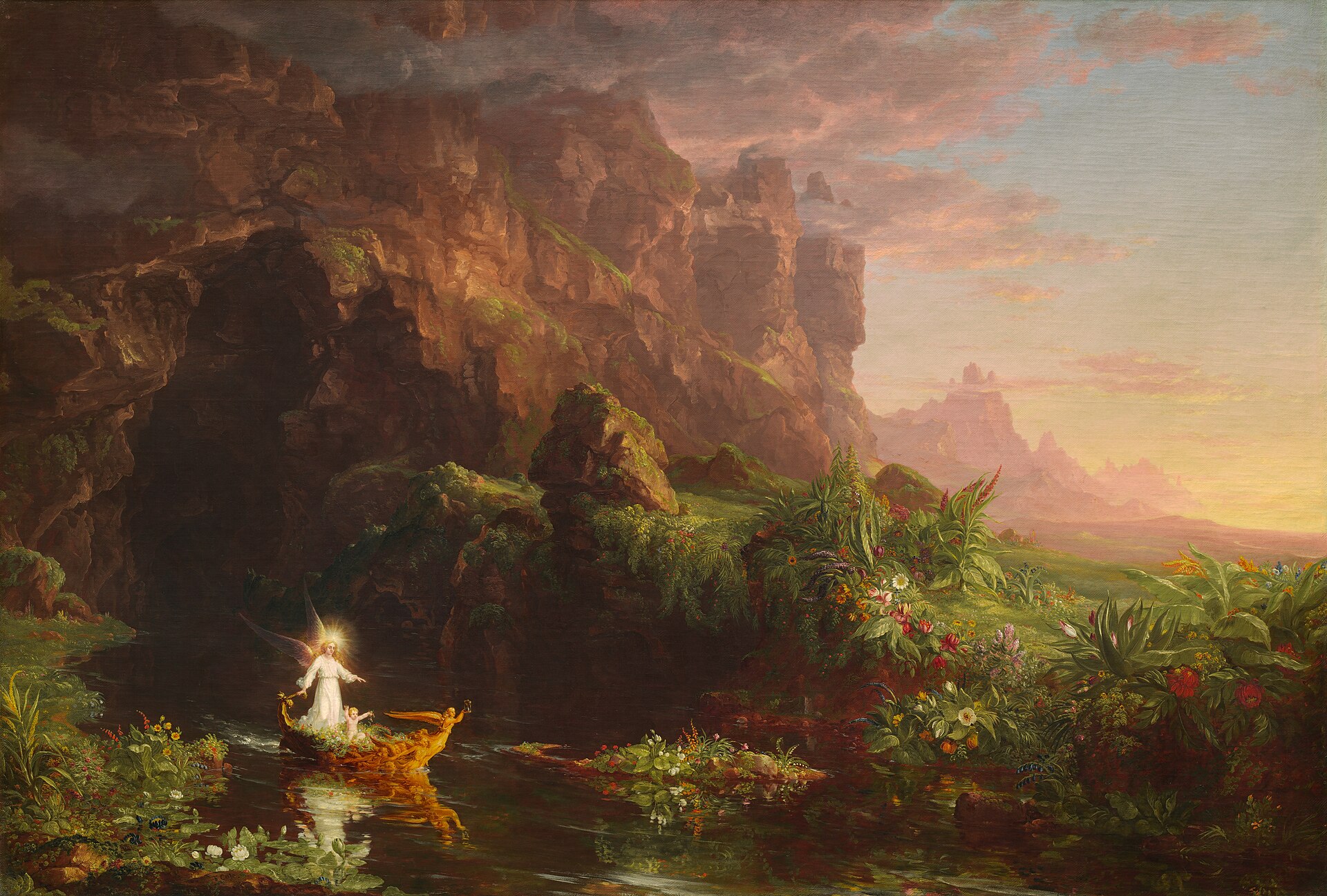 In Returning And Rest 1 Thomas Cole's Voyage of Life: Childhood, a guardian angel steering the boat from behind -- "thine ears shall hear a word behind thee, saying, This is the way" (Isaiah 30:21)