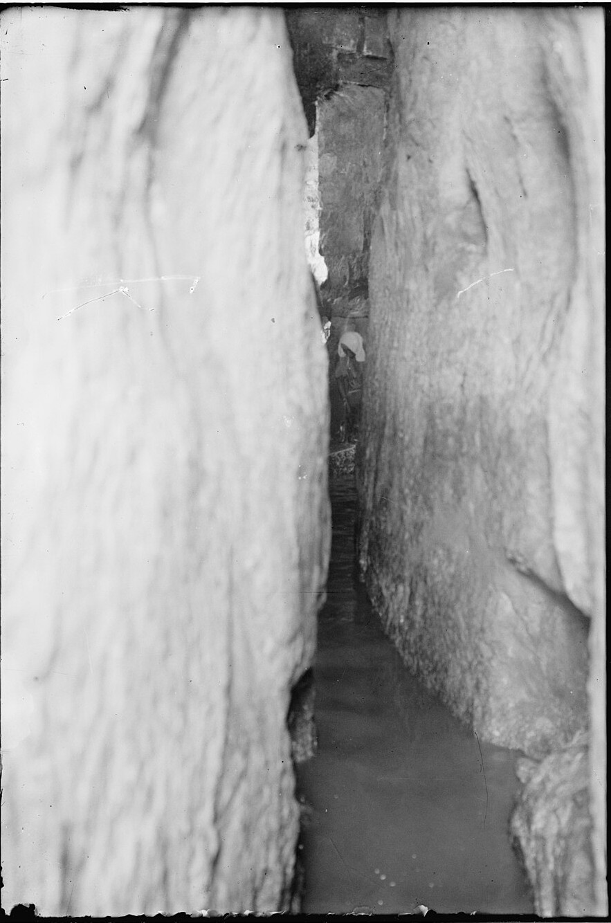 A Matson Collection photograph inside Hezekiah's Siloam Tunnel, the king's water conduit under Jerusalem -- Rabshakeh "stood by the conduit of the upper pool" (Isaiah 36:2)