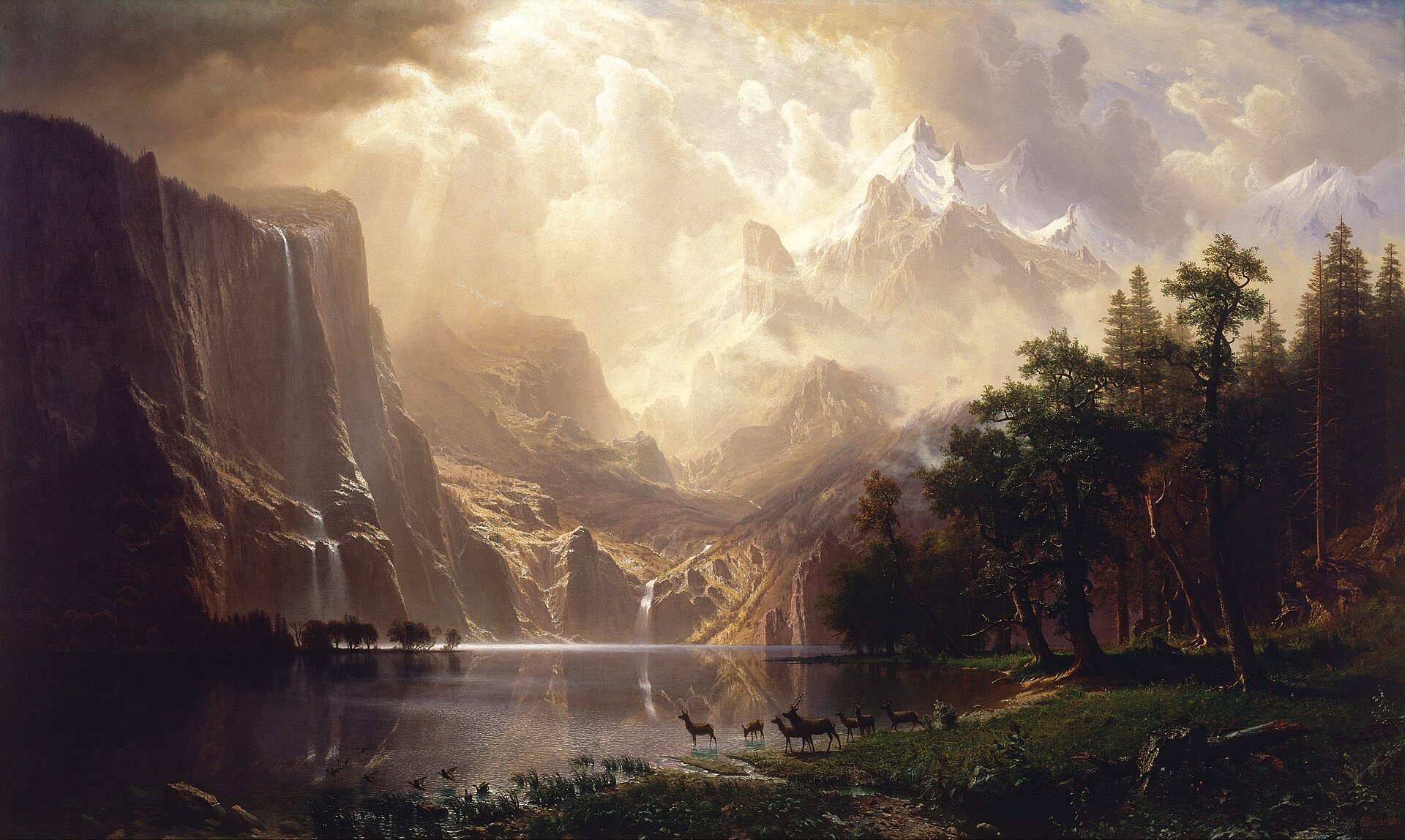 Albert Bierstadt's Among the Sierra Nevada, mountains and light over a still lake -- "weighed the mountains in scales" (Isaiah 40:12)