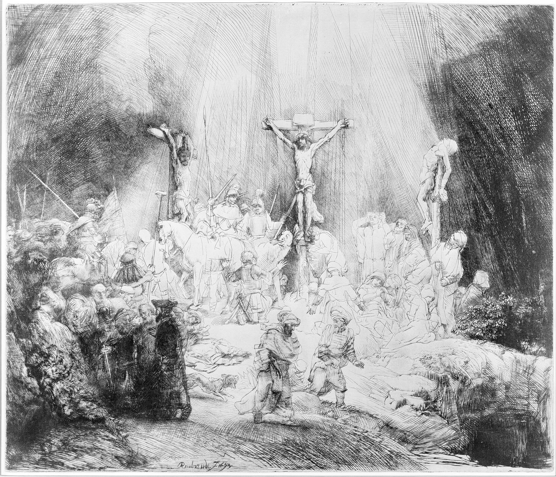 The Suffering Servant 1 Rembrandt's Three Crosses, light pouring down on the crucified Christ between the two thieves -- "he was numbered with the transgressors" (Isaiah 53:12)