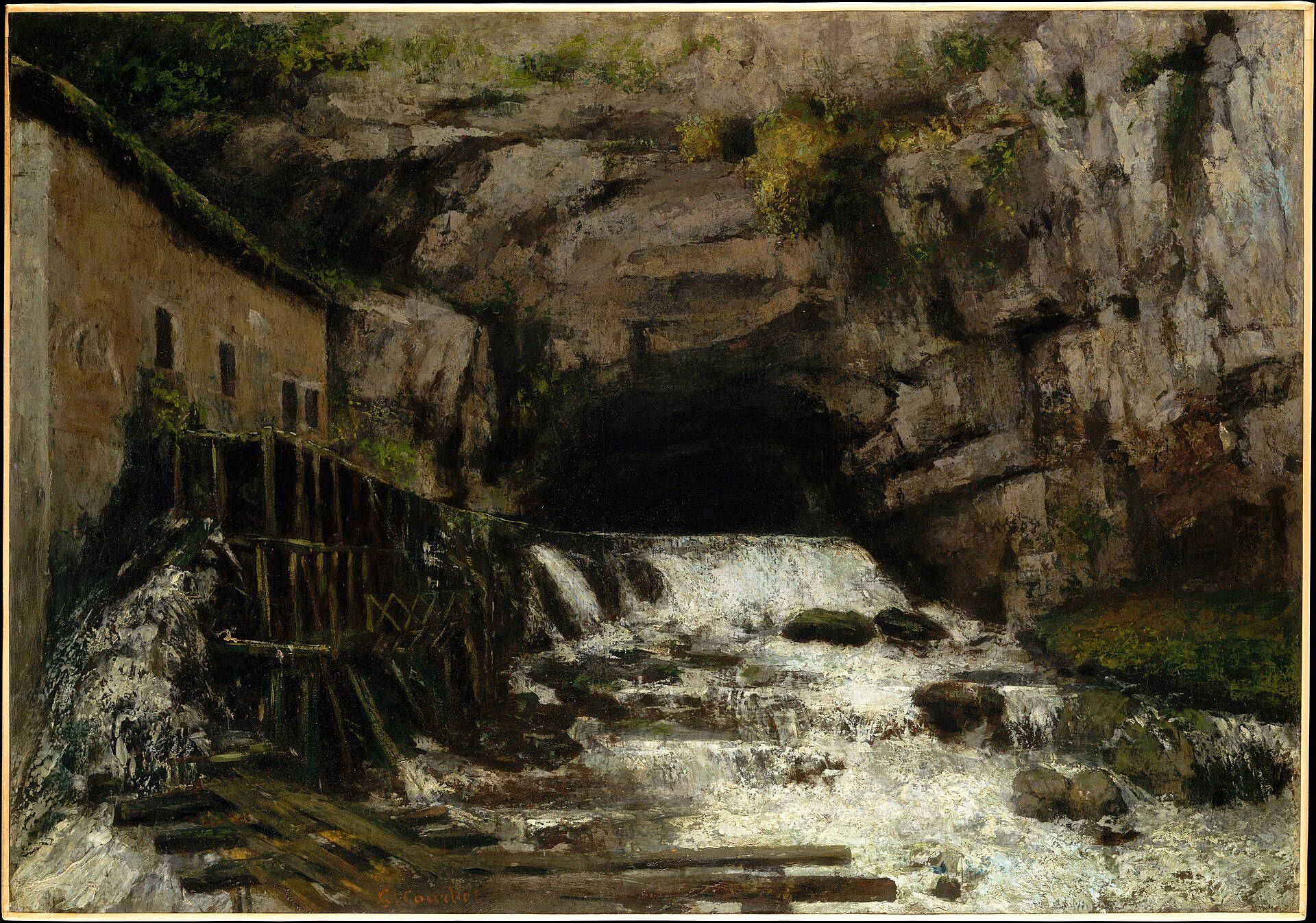 They Have Forsaken Me, The Fountain 1 A river bursts out of a dark cave mouth at the foot of a great rock cliff and pours white over a weir beside an old wooden mill
