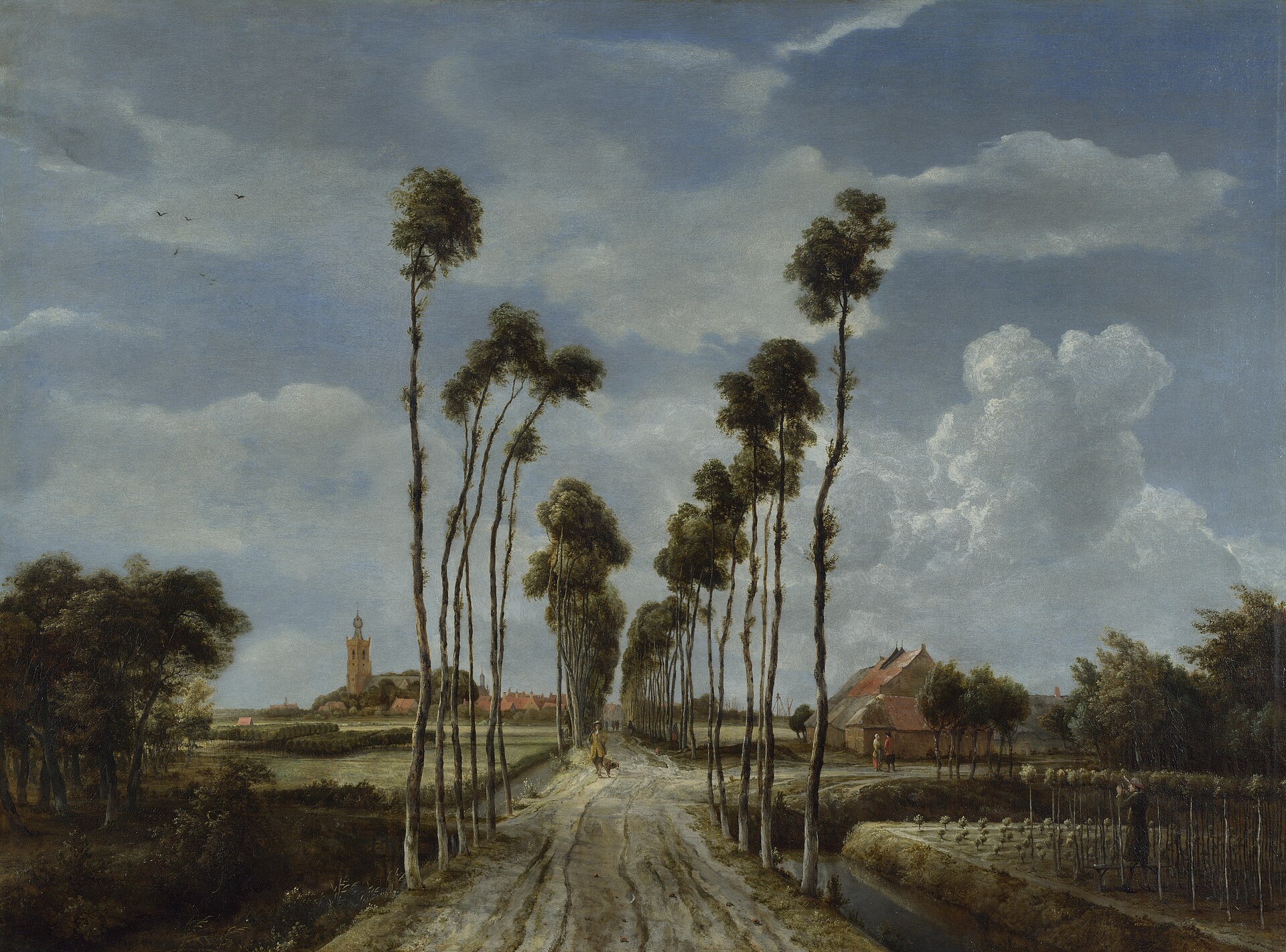 Ask For The Old Paths 1 A straight country road runs into the distance between two lines of tall, thin trees under a wide cloudy sky, with fields and a village church on either side