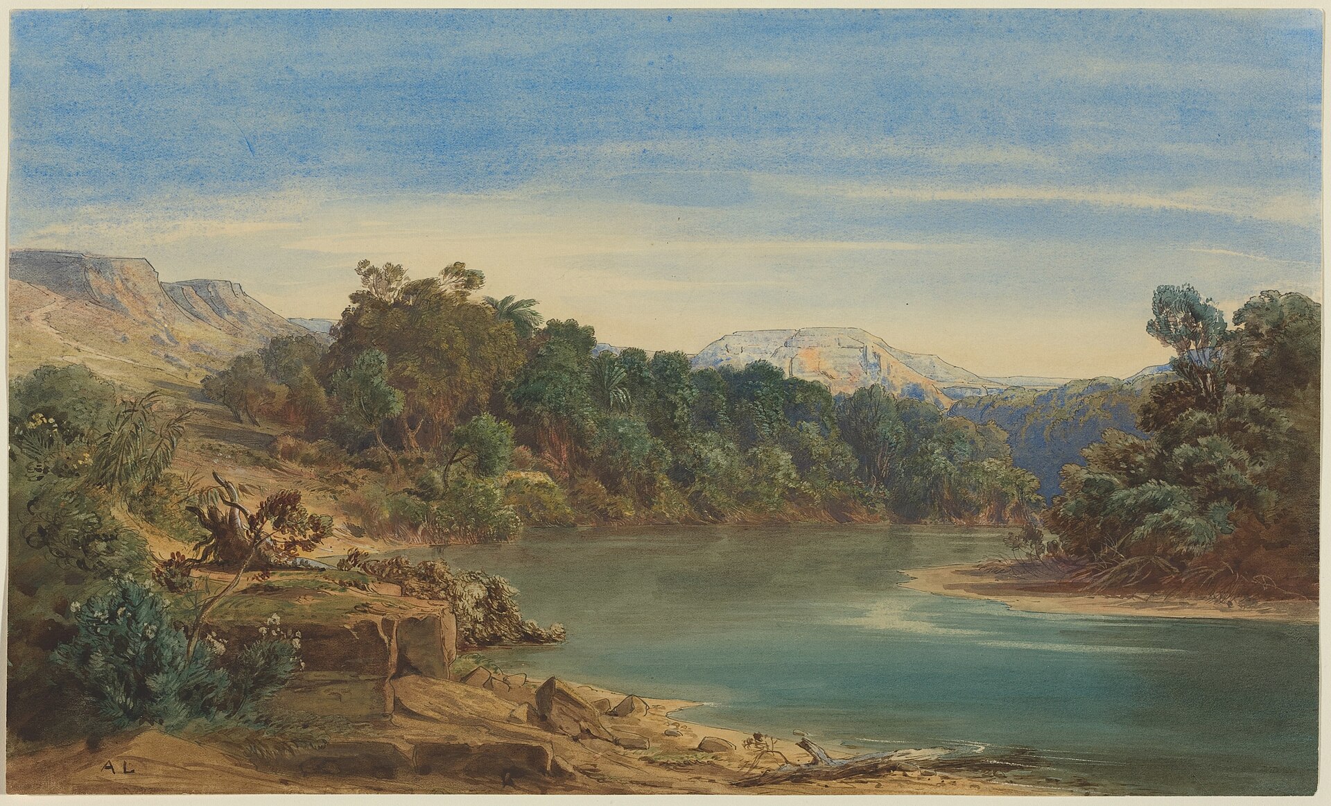 The Linen Girdle And The Prospering Wicked 1 A broad, quiet river winds between thick green banks of trees and bushes, with blue hills rising in the distance