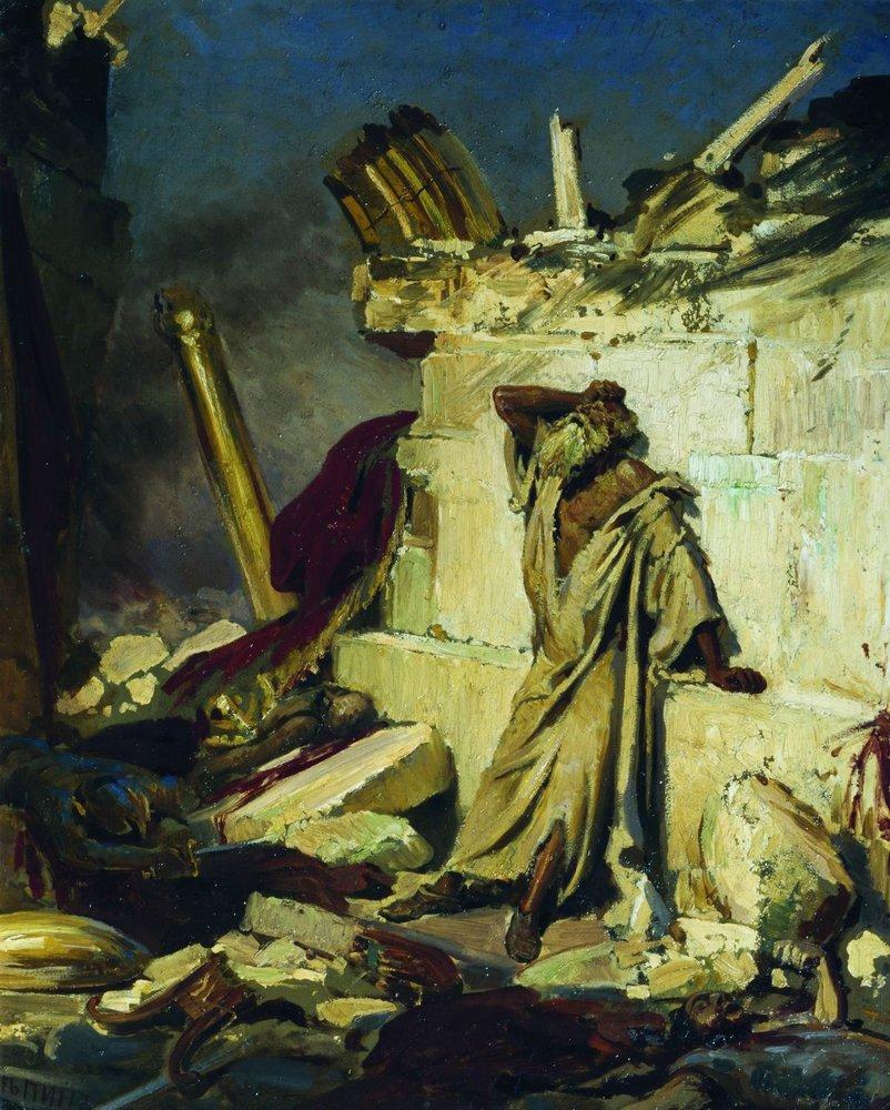 Thy Words Were Found, And I Did Eat Them 1 An old prophet in a pale robe leans against a broken stone wall among ruins and fallen columns, one hand pressed to his head in grief, under a dark sky