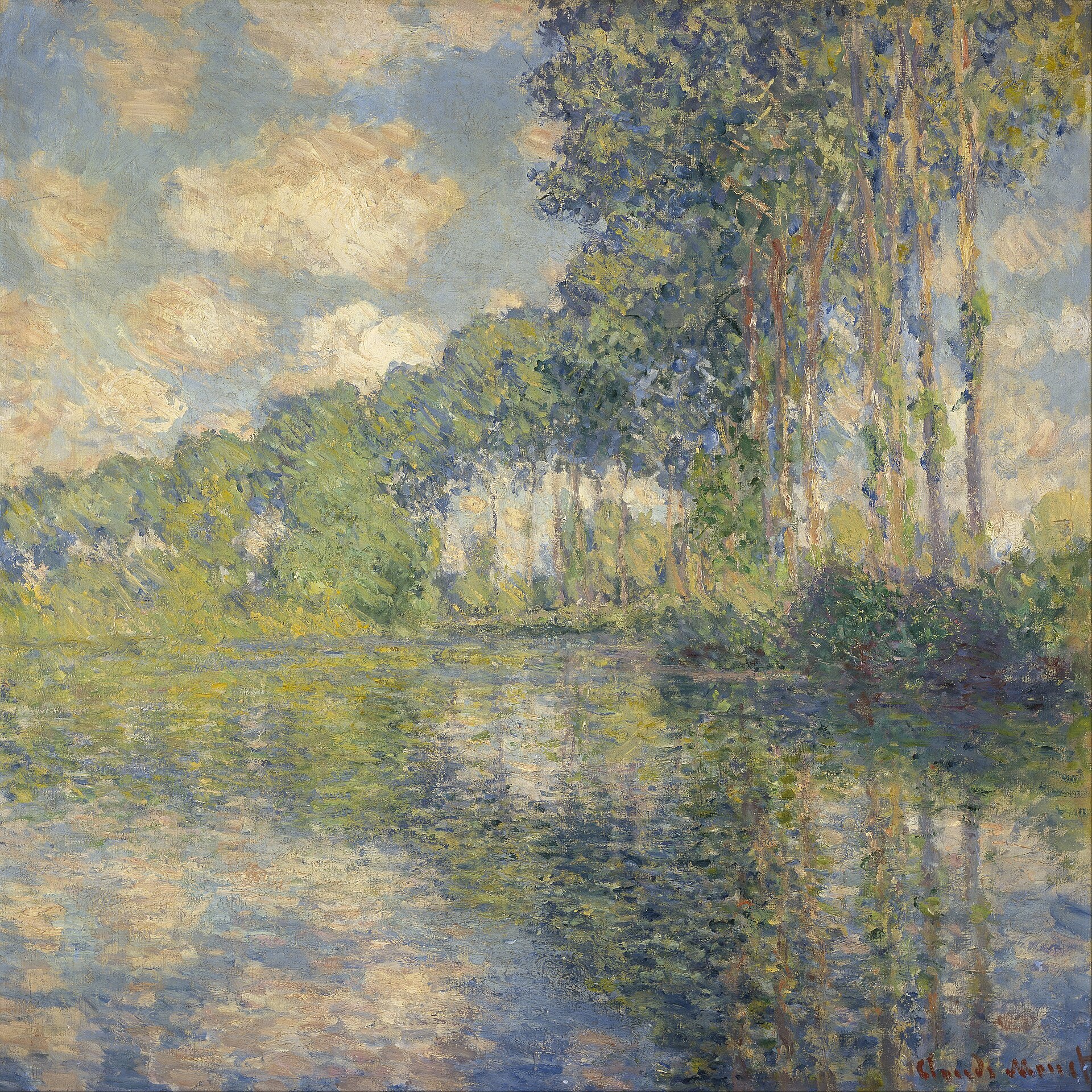 The Heart Is Deceitful, And The Sabbath Gates 1 Tall poplar trees stand in a row along a river bank, their trunks and green crowns reflected in the still water beneath a sky full of white clouds