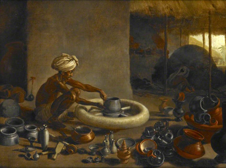 The Potter's House And The Broken Bottle 1 A potter in a white turban crouches in a dim workshop shaping a pot on a low spinning wheel, surrounded by finished jars, bowls and vessels