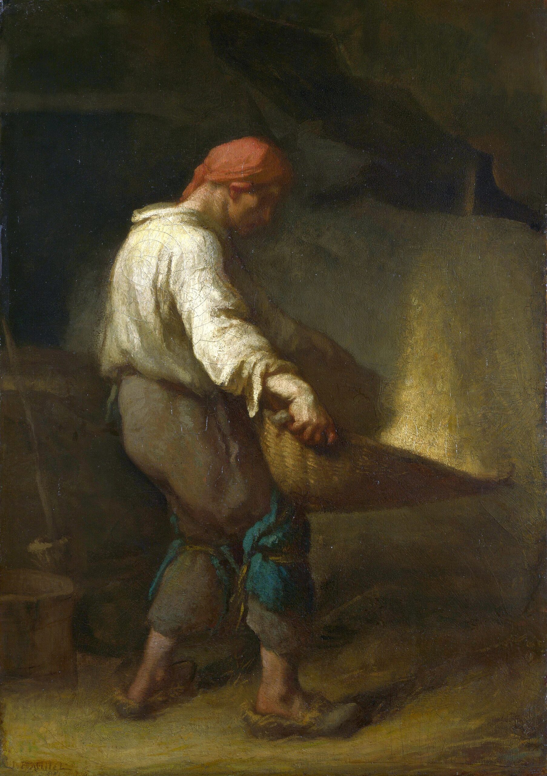 The LORD Our Righteousness 1 A peasant in a red head-cloth and white shirt shakes a wide basket of grain in a dim barn, tossing it so the chaff flies off in the light